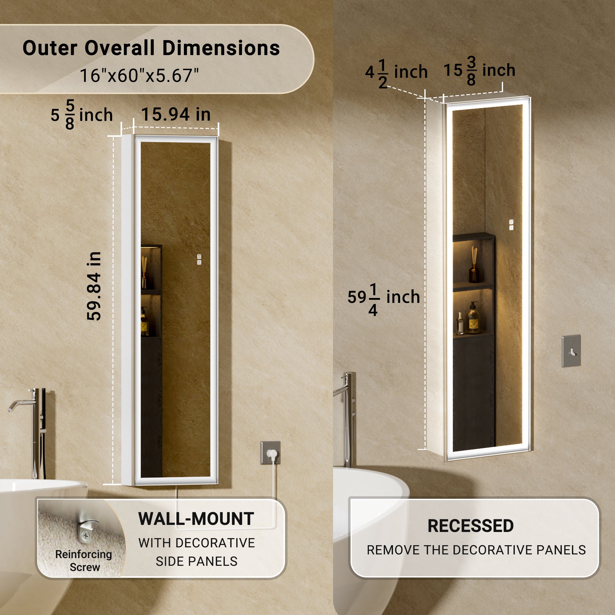 16"×60" Tall LED Medicine Cabinet with Mirror – Left Hinge