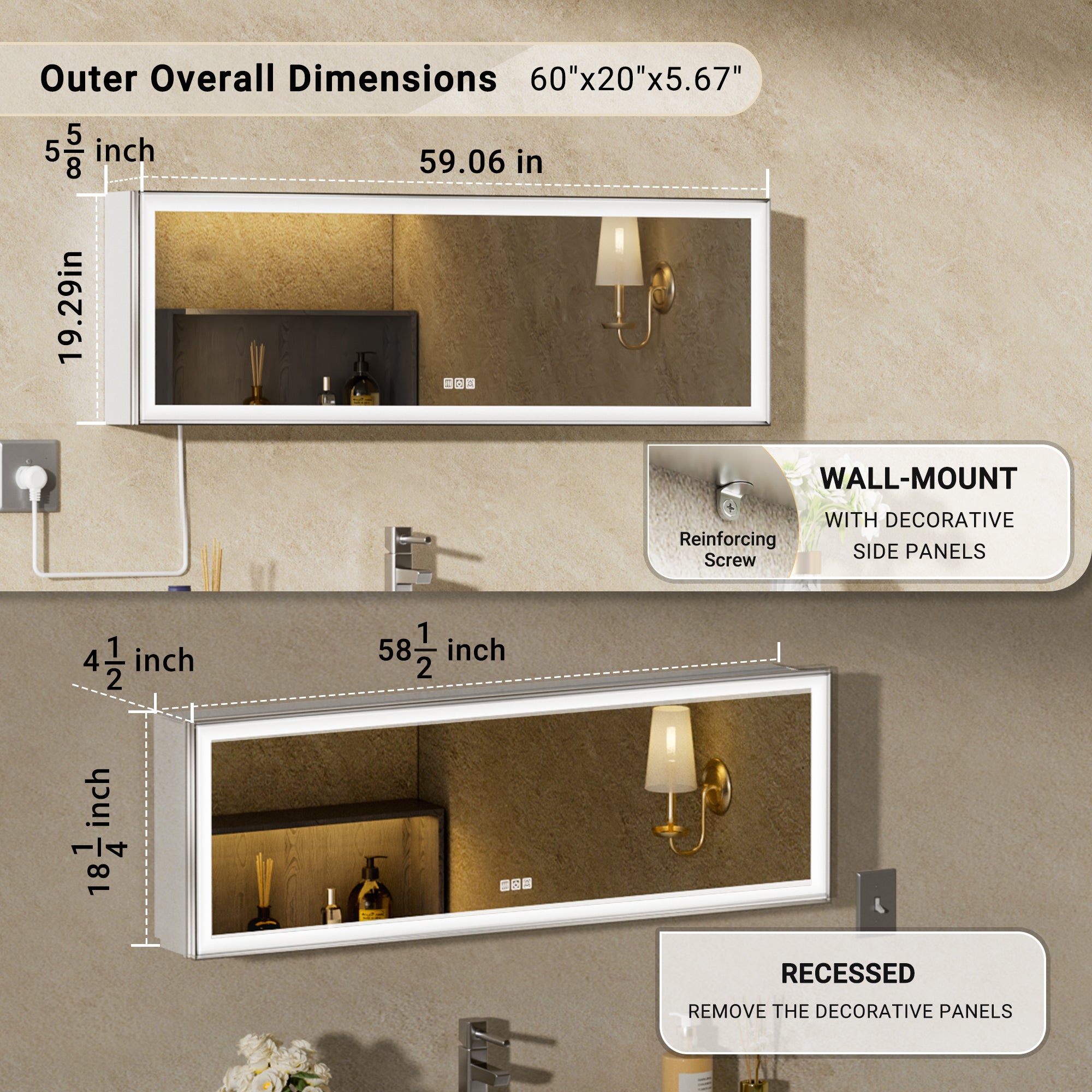 60"×20" Tall LED Medicine Cabinet with Mirror – Outlet & Sensor Inner Light