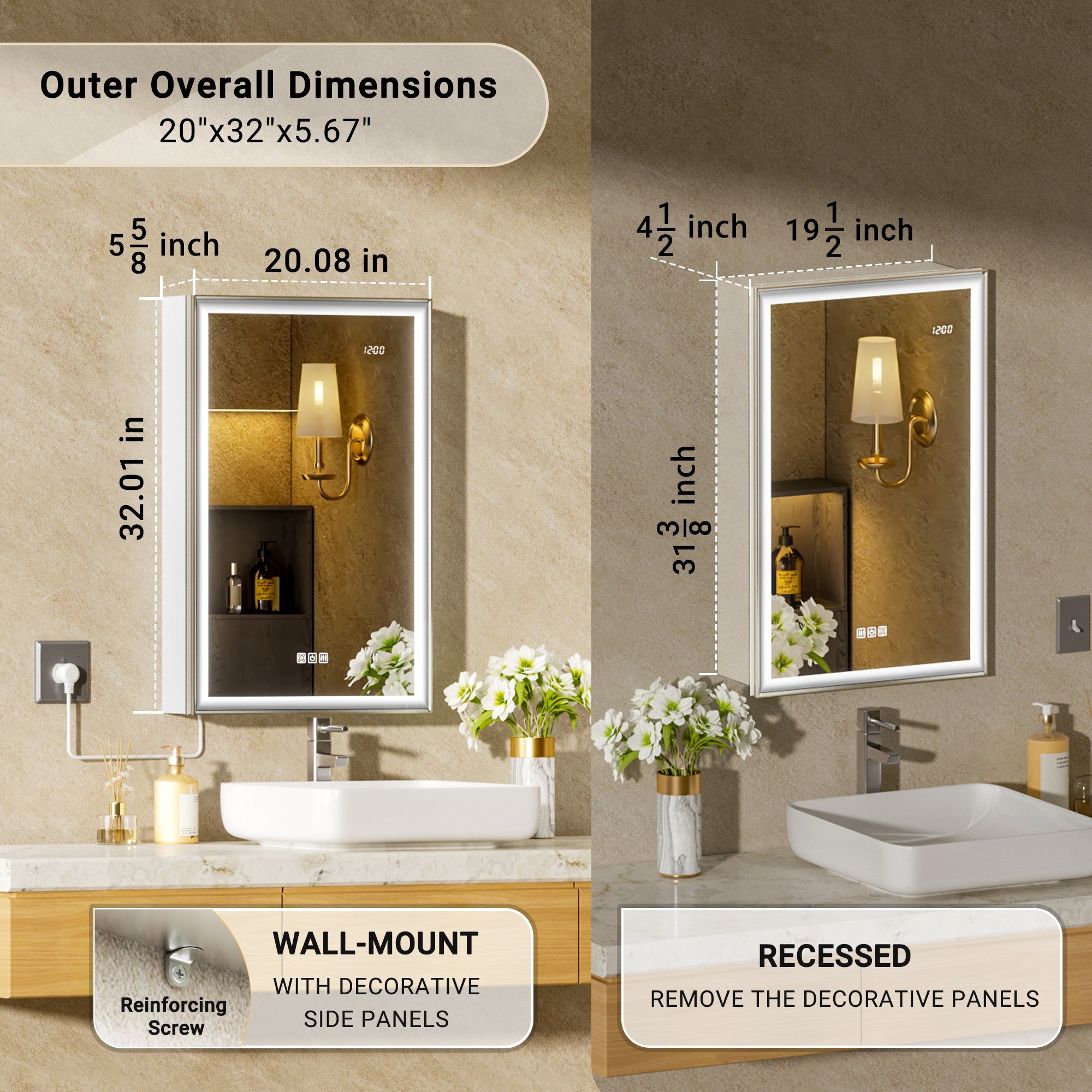 LumiEdge 20x32'' Beveled Nickel-Framed LED Medicine Cabinet – Right Hinge