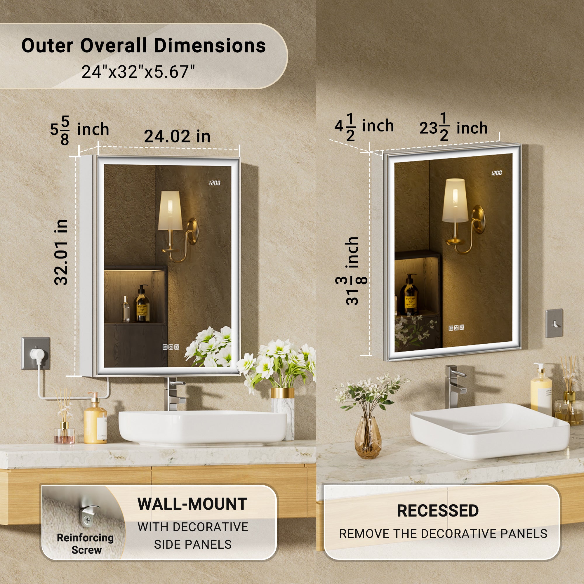 LumiEdge 24x32'' Beveled Nickel-Framed LED Medicine Cabinet – Right Hinge