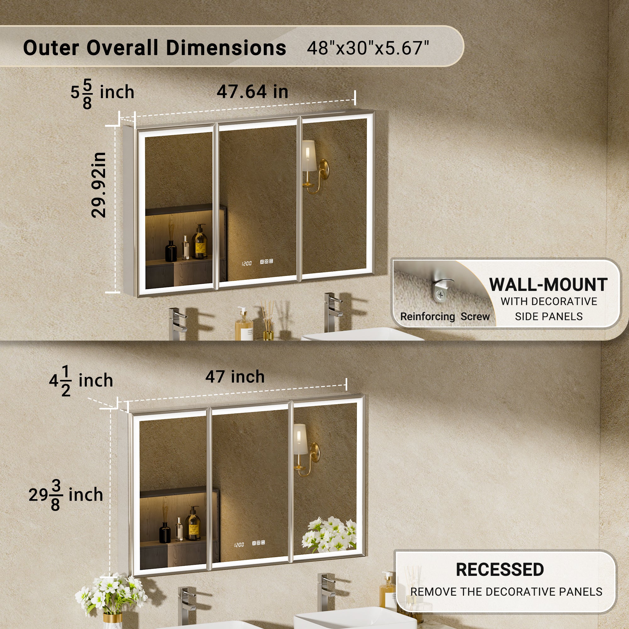 LumiEdge 48x30'' Beveled Nickel-Framed LED Medicine Cabinet