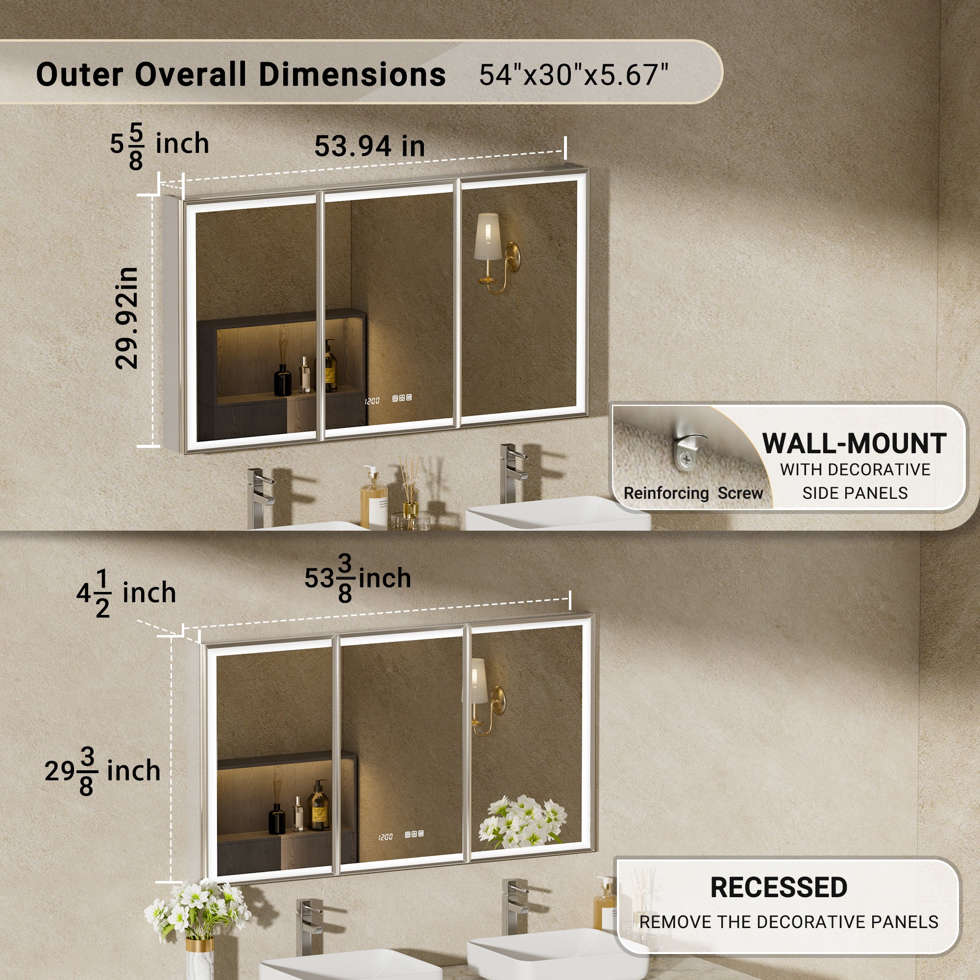 LumiEdge 54x30'' Beveled Nickel-Framed LED Medicine Cabinet