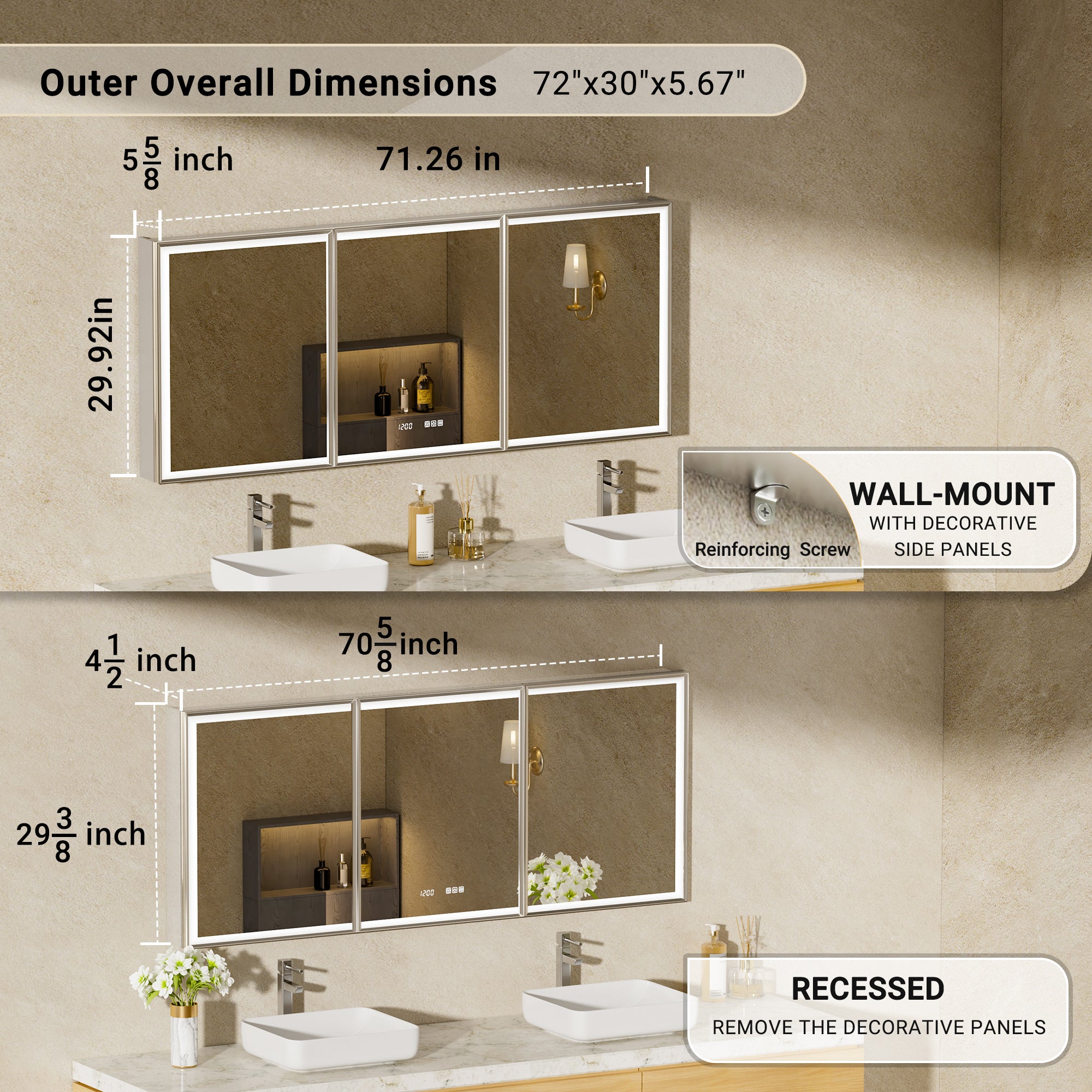 LumiEdge 72x30'' Beveled Nickel-Framed LED Medicine Cabinet