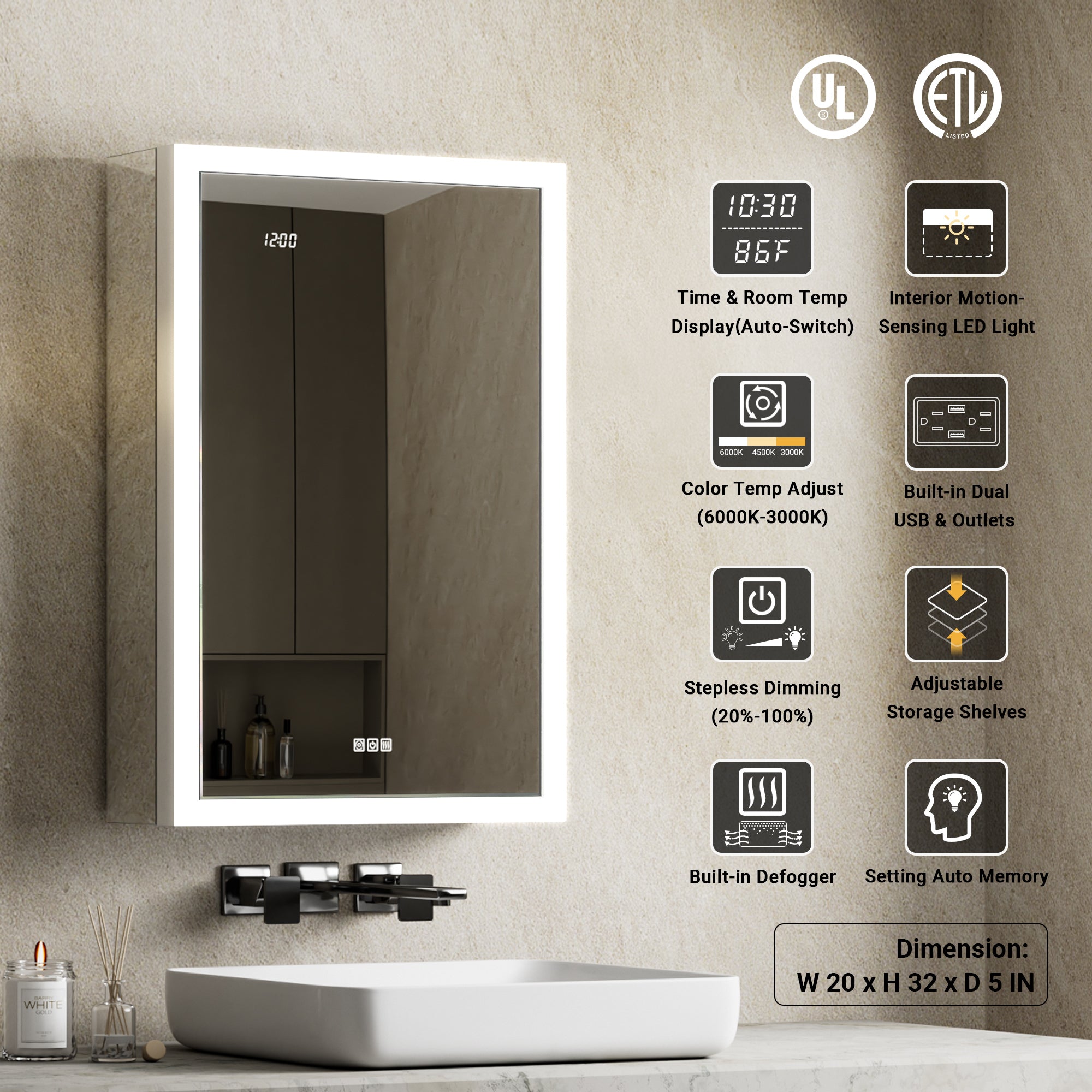 Apex 20x32'' Intelligent Anti-Fog LED Medicine Cabinet – Left Hinge