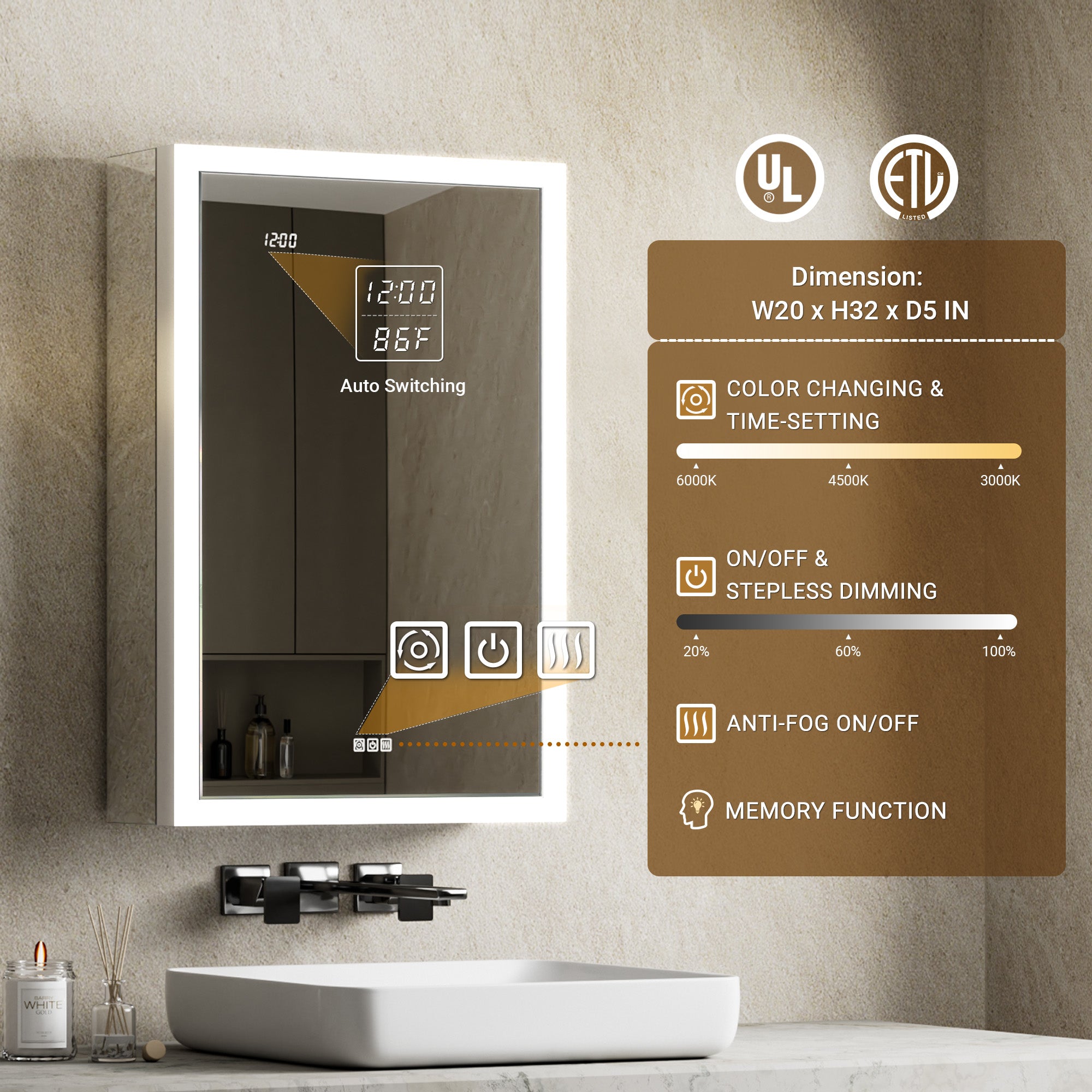 Apex 20x32'' Intelligent Anti-Fog LED Medicine Cabinet – Left Hinge