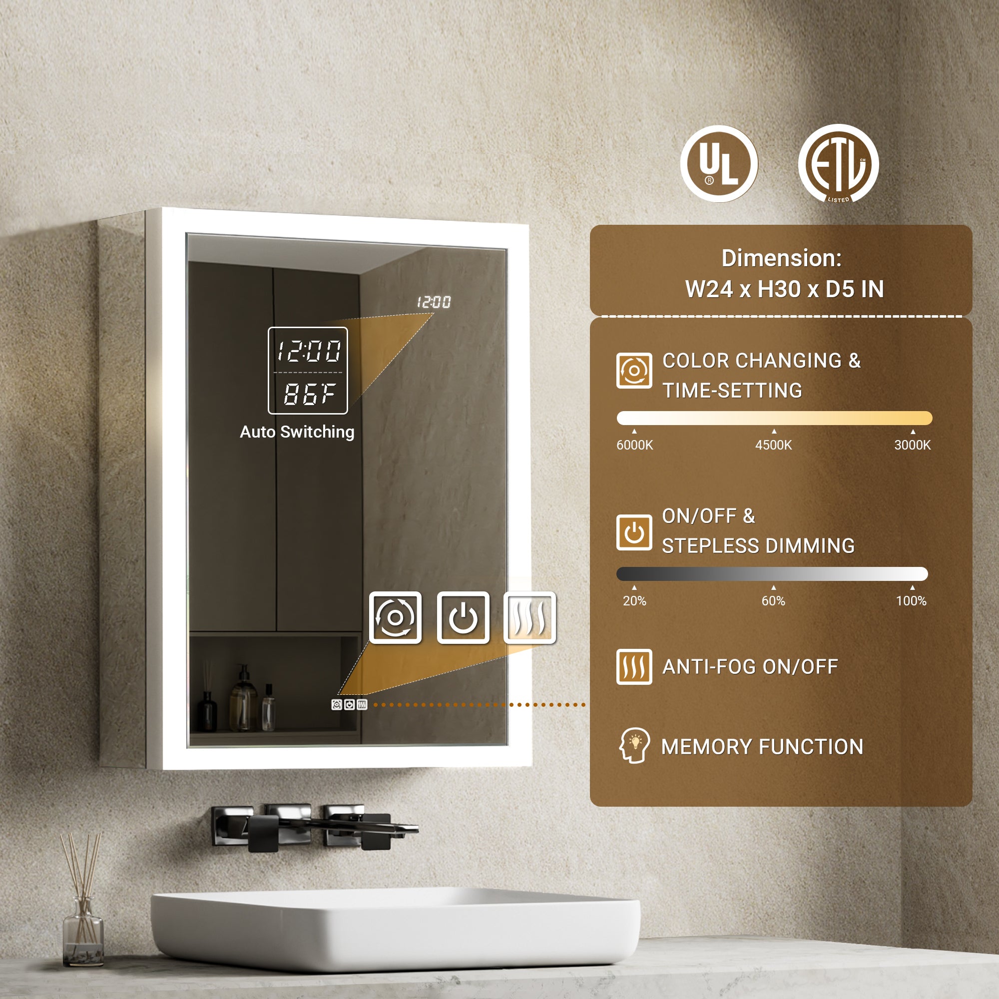 Apex 24x30'' Intelligent Anti-Fog LED Medicine Cabinet – Right Hinge