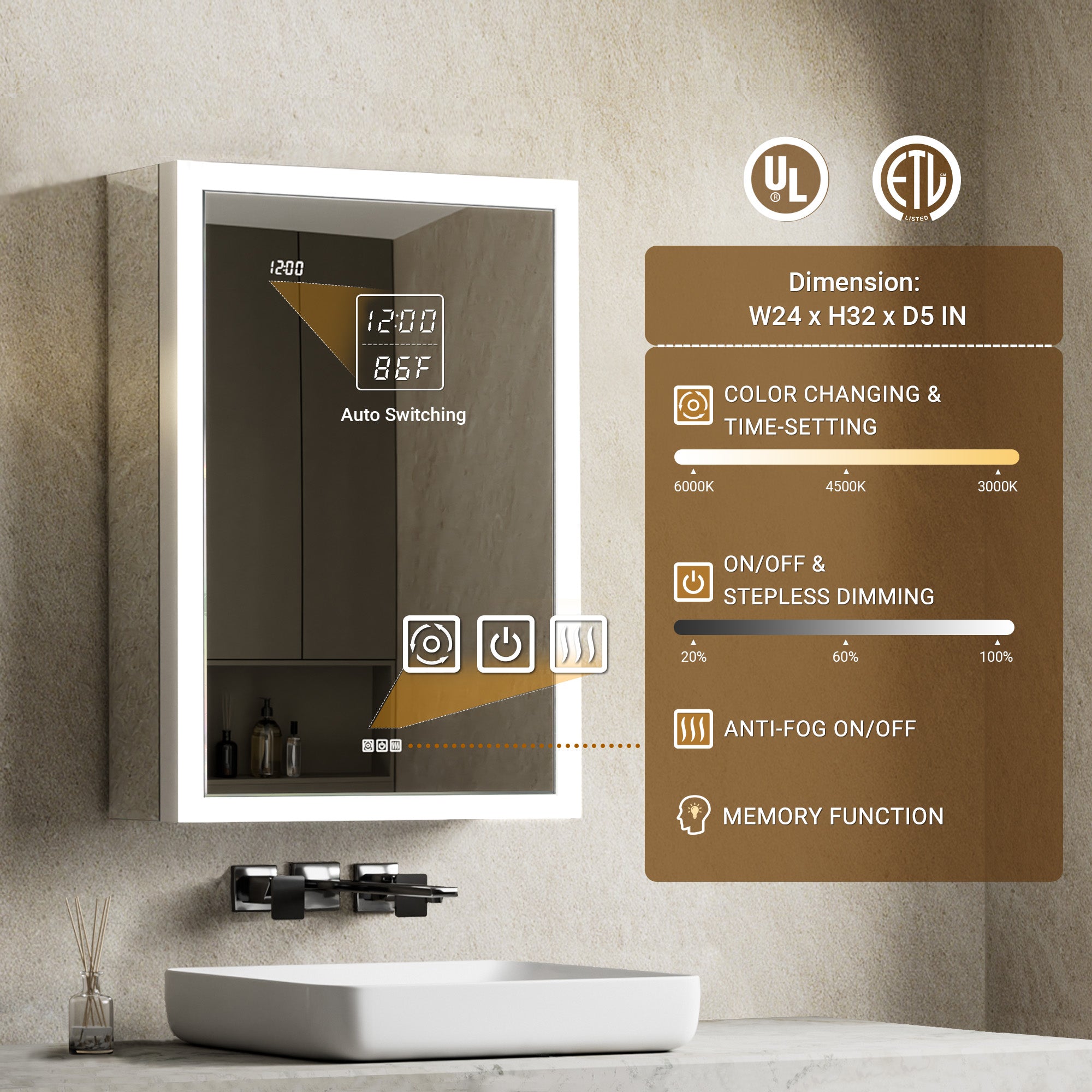 Apex 24x32'' Intelligent Anti-Fog LED Medicine Cabinet – Left Hinge