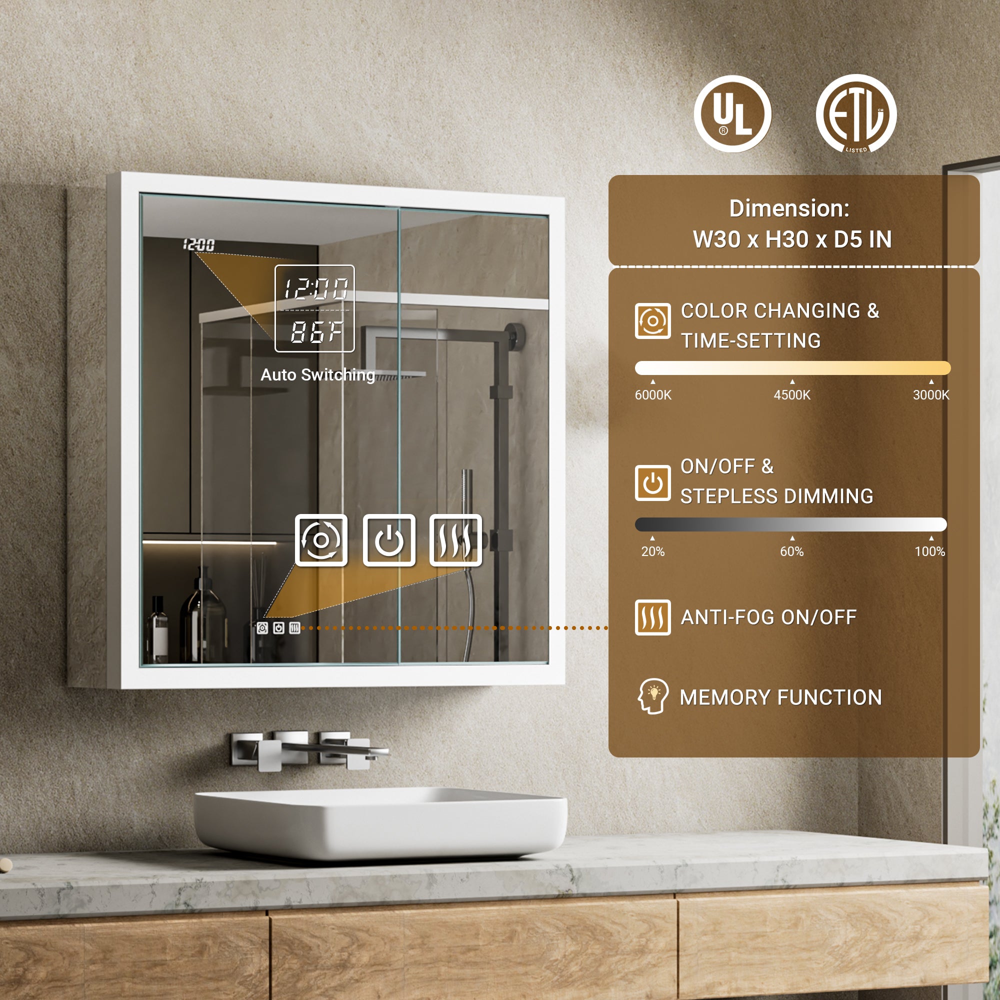 Apex 30x30'' Intelligent Anti-Fog LED Medicine Cabinet