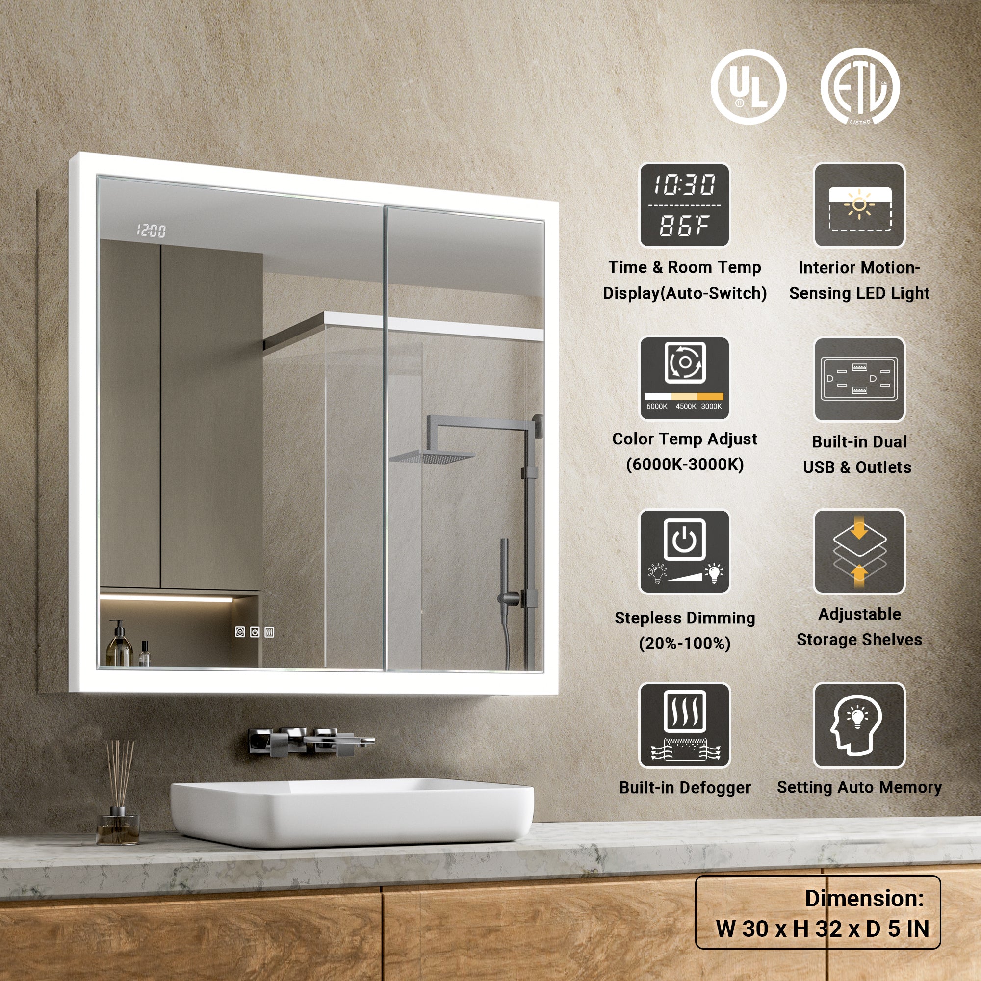 Apex 30x32'' Intelligent Anti-Fog LED Medicine Cabinet