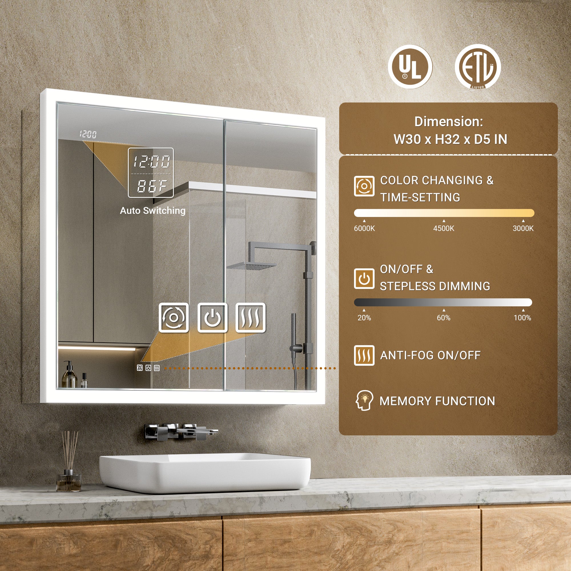 Apex 30x32'' Intelligent Anti-Fog LED Medicine Cabinet