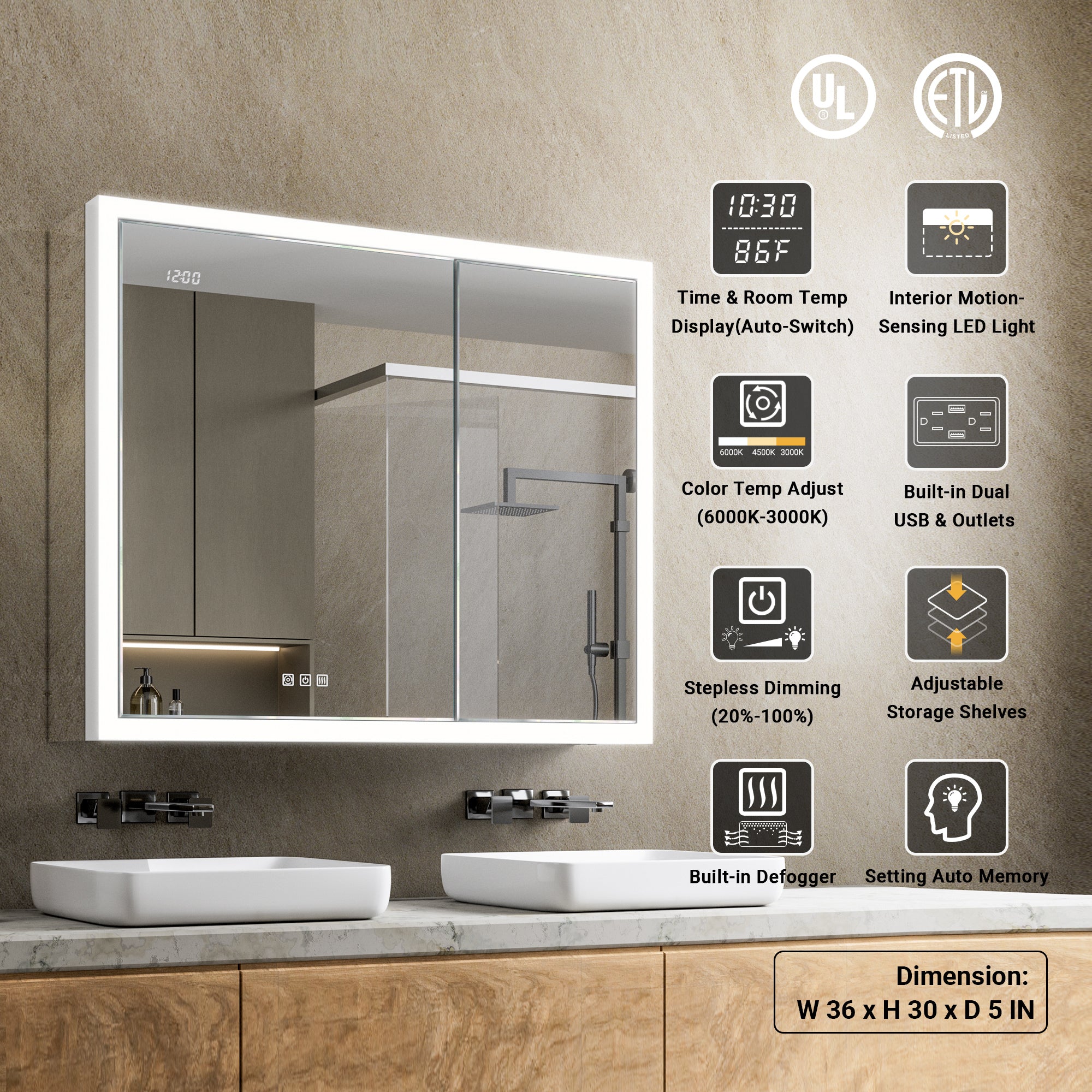 Apex 36x30'' Intelligent Anti-Fog LED Medicine Cabinet