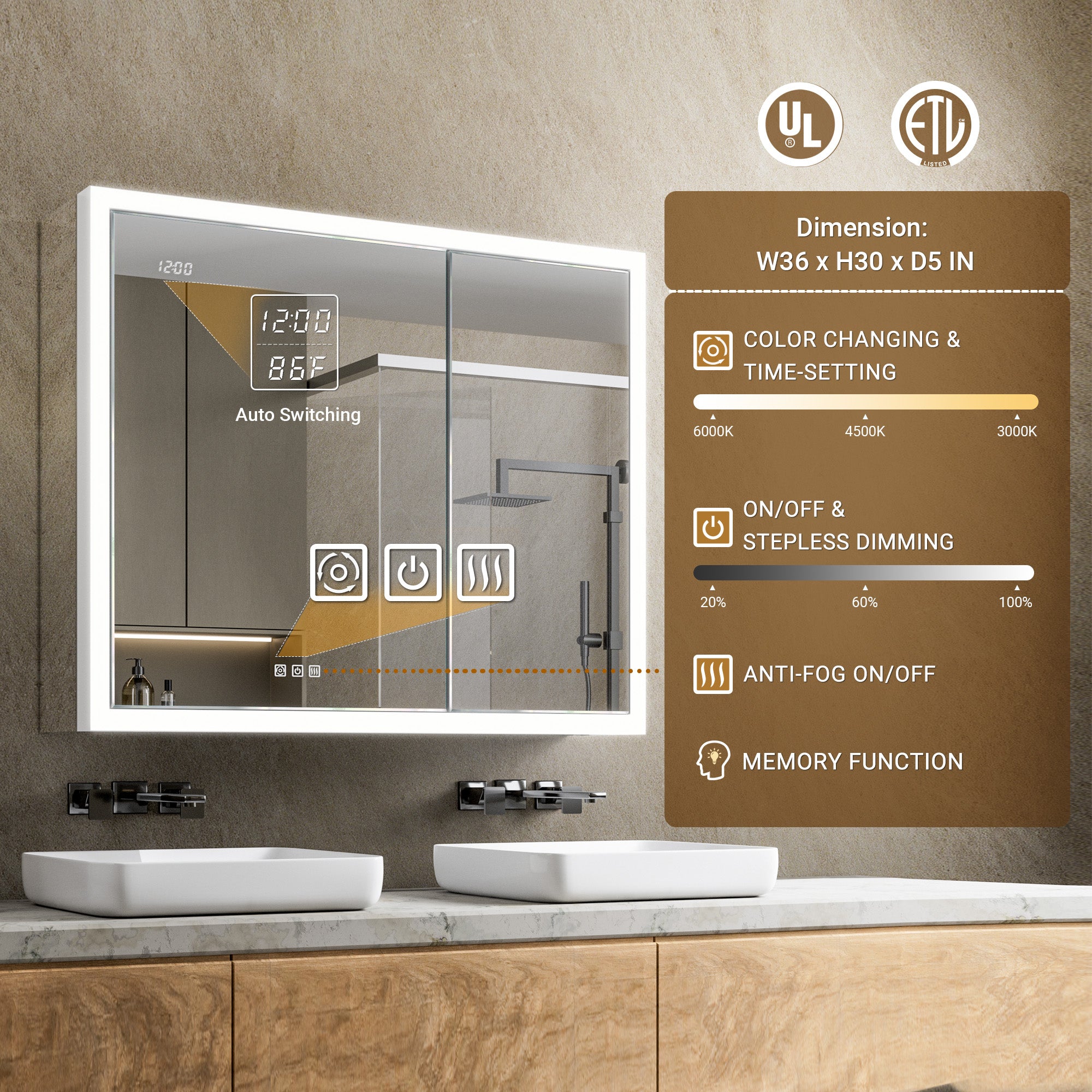 Apex 36x30'' Intelligent Anti-Fog LED Medicine Cabinet