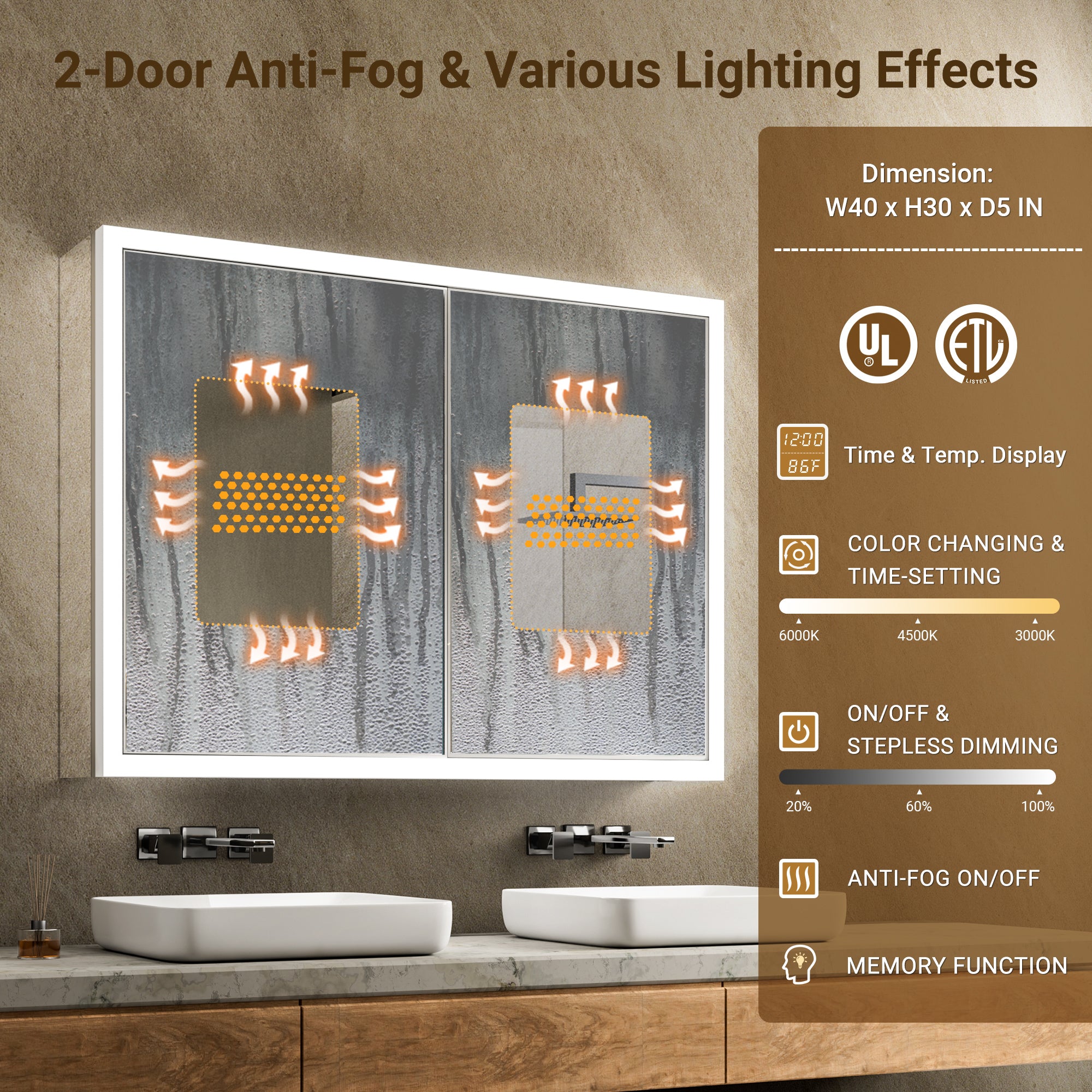 Apex 40x30'' Intelligent Anti-Fog LED Medicine Cabinet