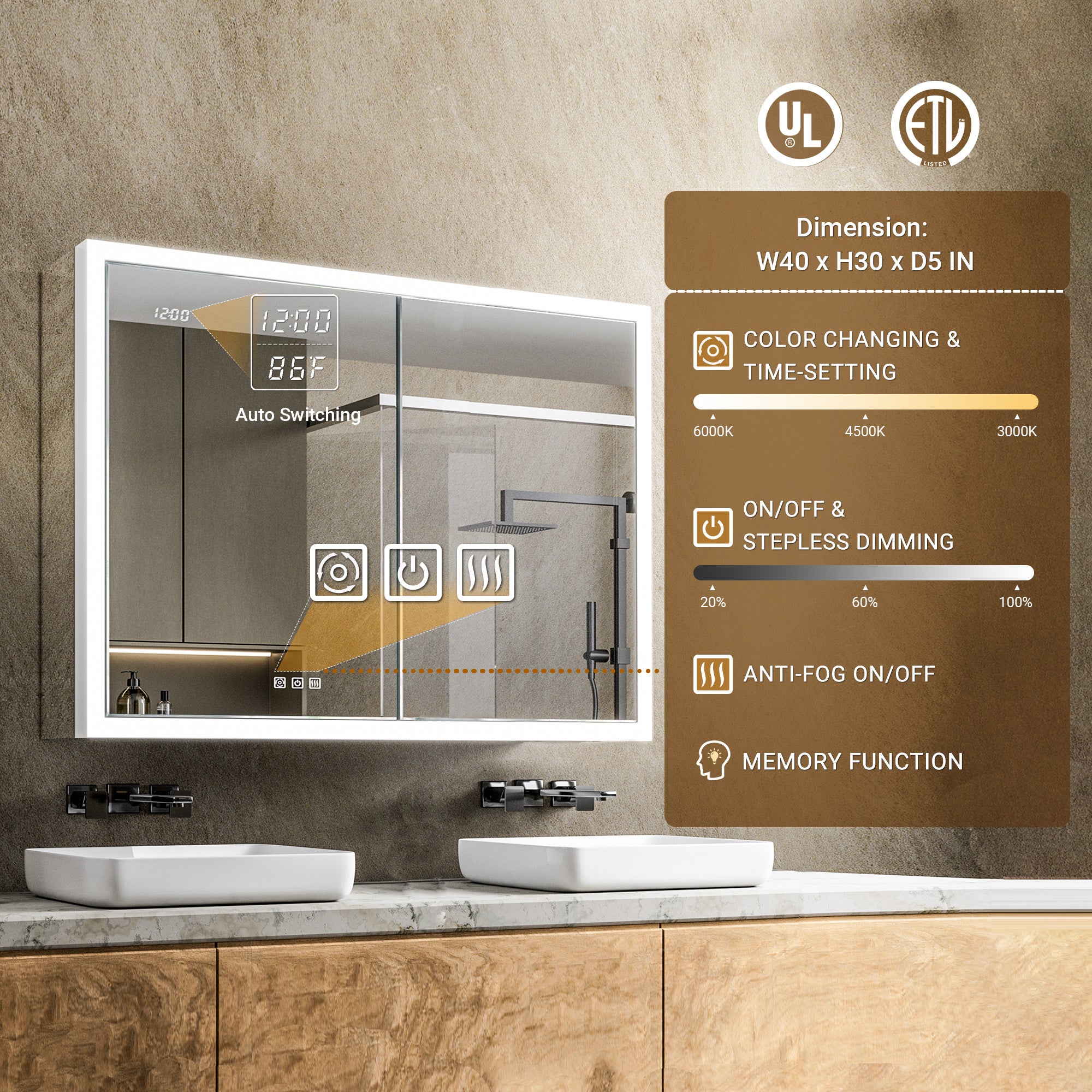 Apex 40x30'' Intelligent Anti-Fog LED Medicine Cabinet