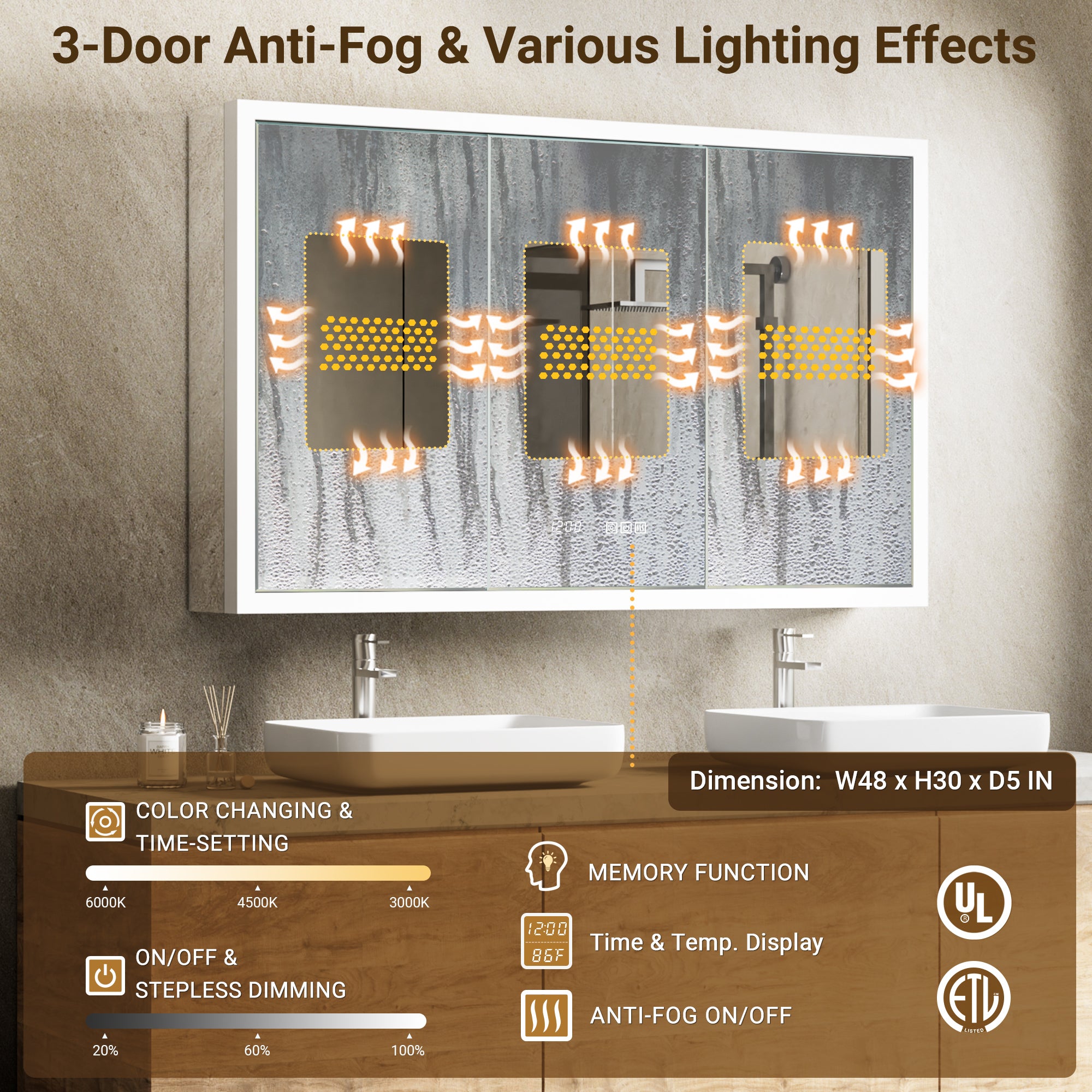 Apex 48x30'' Intelligent Anti-Fog LED Medicine Cabinet