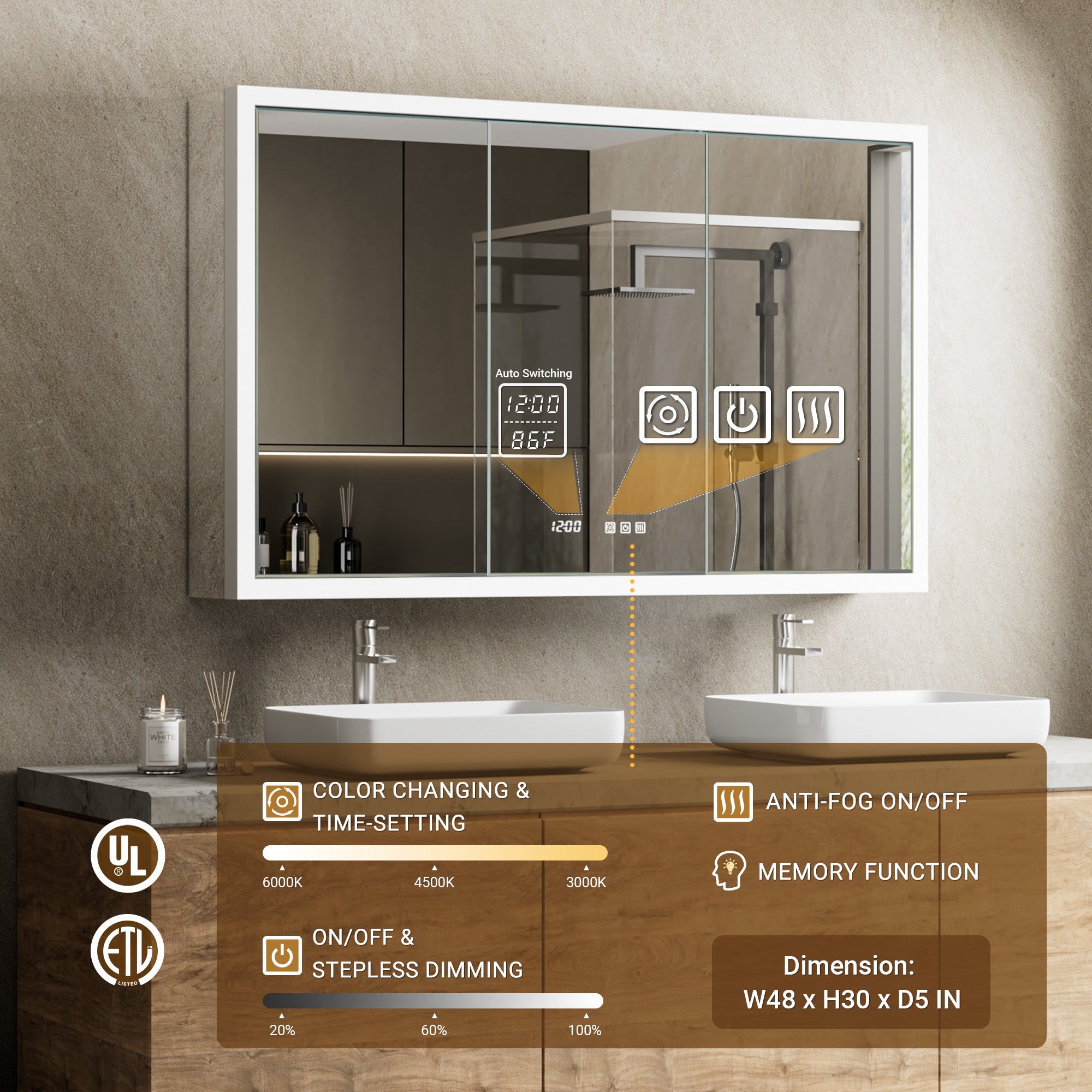 Apex 48x30'' Intelligent Anti-Fog LED Medicine Cabinet