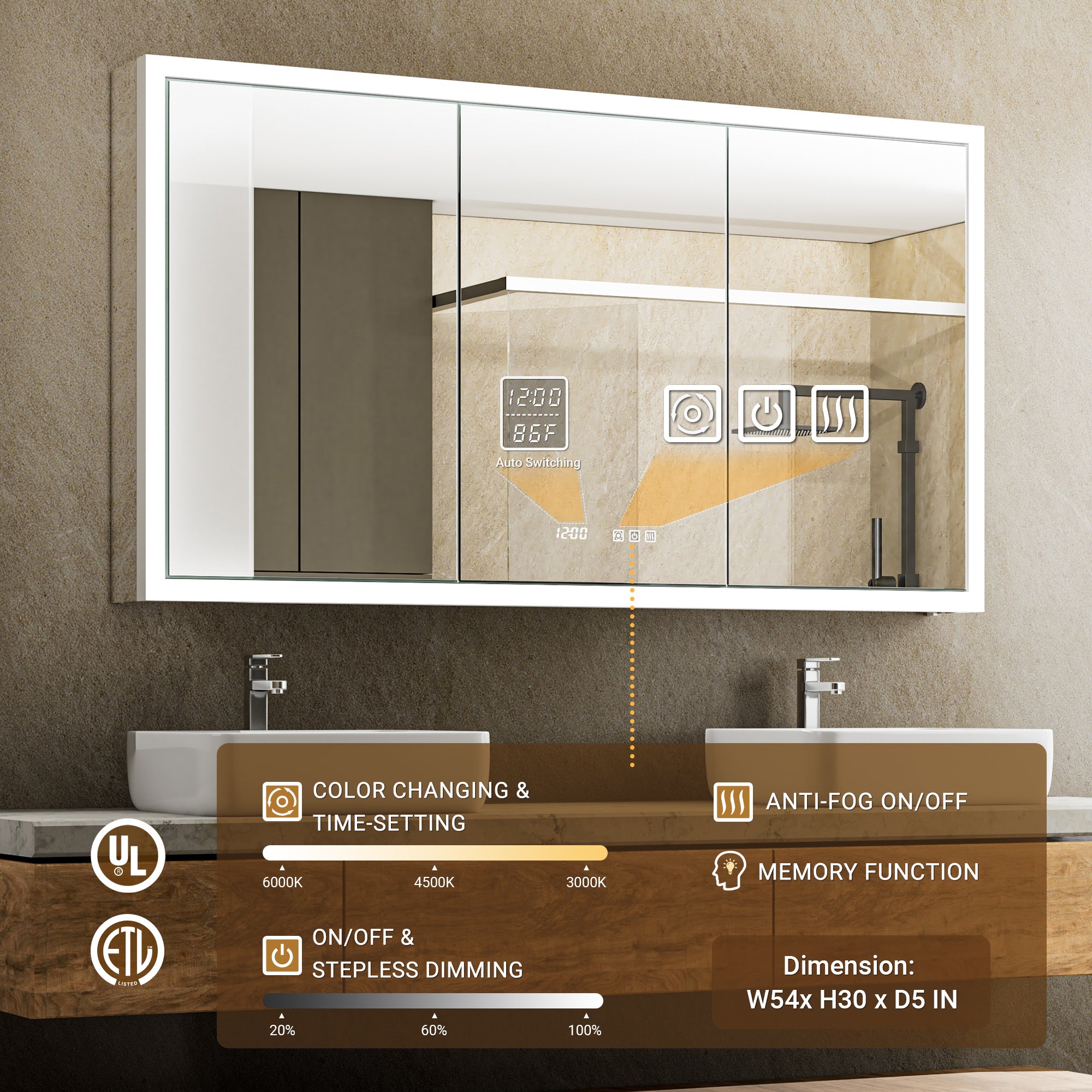 Apex 54x30'' Intelligent Anti-Fog LED Medicine Cabinet