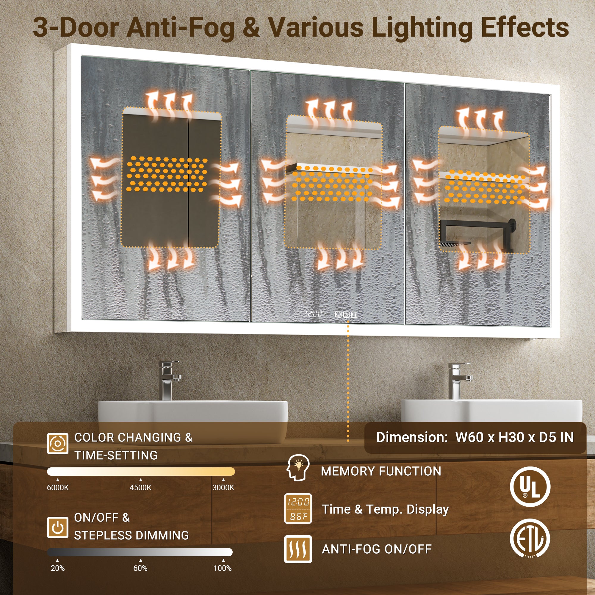 Apex 60x30'' Intelligent Anti-Fog LED Medicine Cabinet