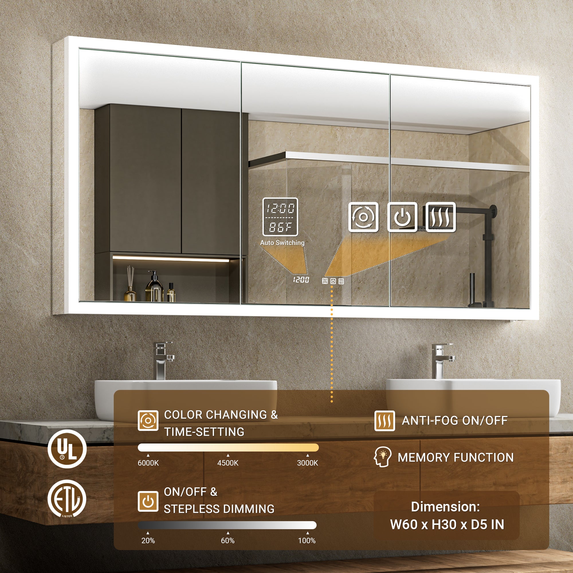 Apex 60x30'' Intelligent Anti-Fog LED Medicine Cabinet