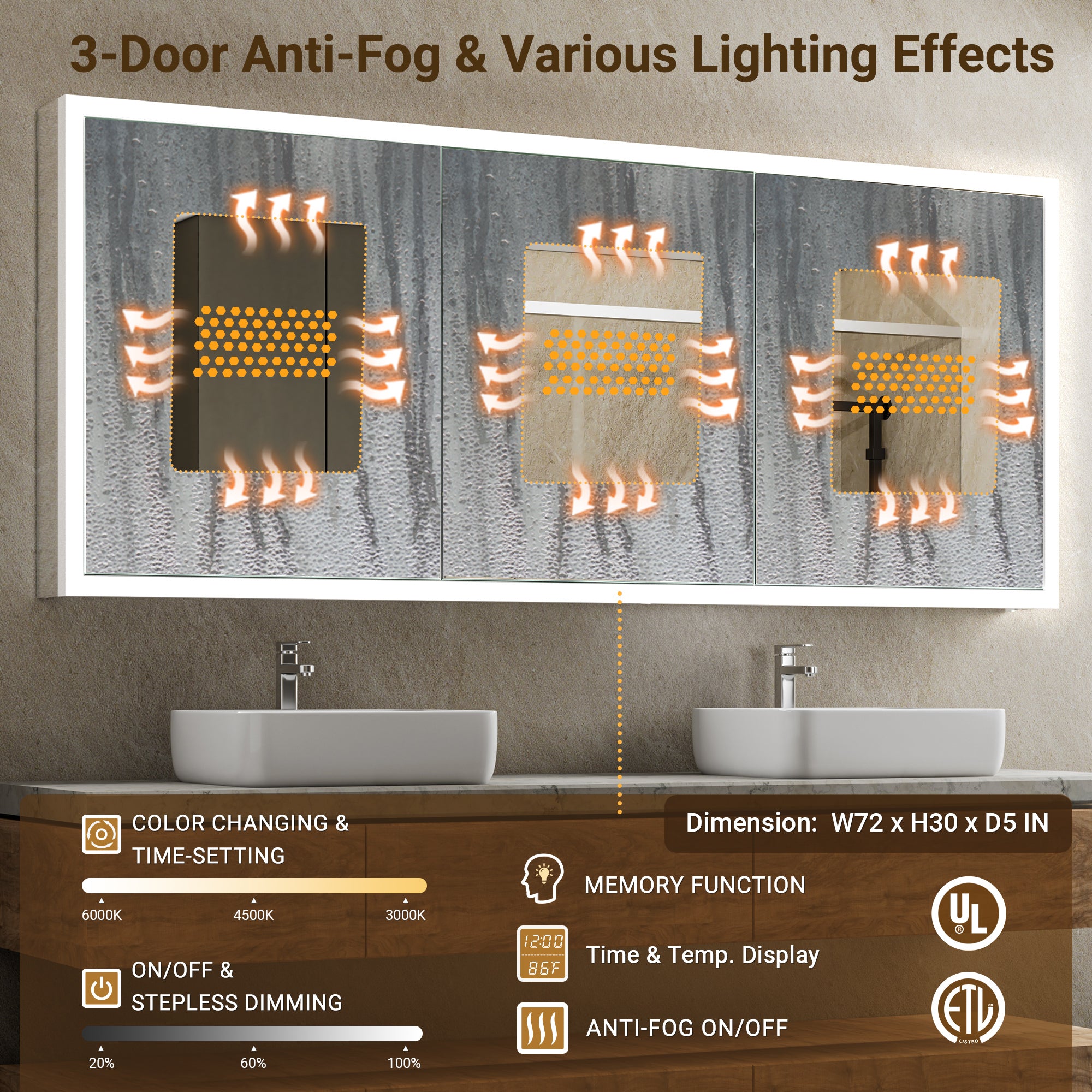 Apex 72x30'' Intelligent Anti-Fog LED Medicine Cabinet