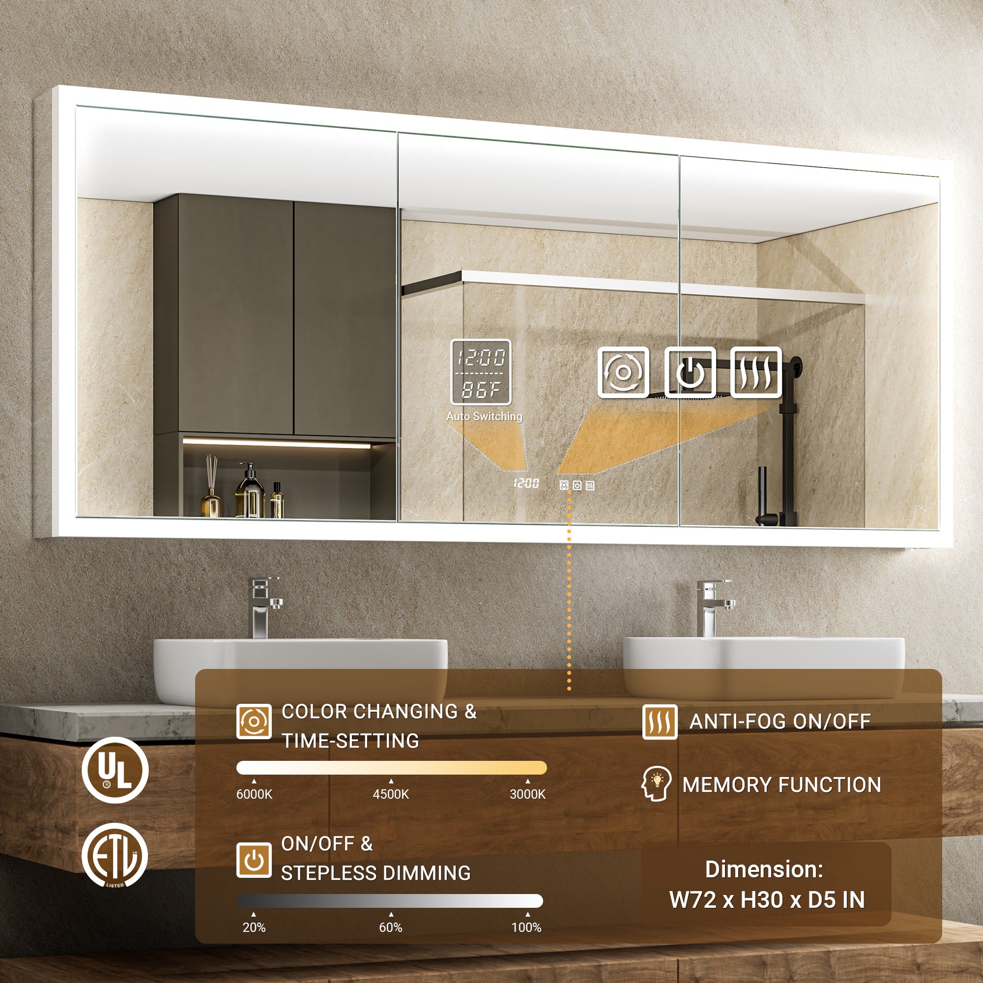 Apex 72x30'' Intelligent Anti-Fog LED Medicine Cabinet