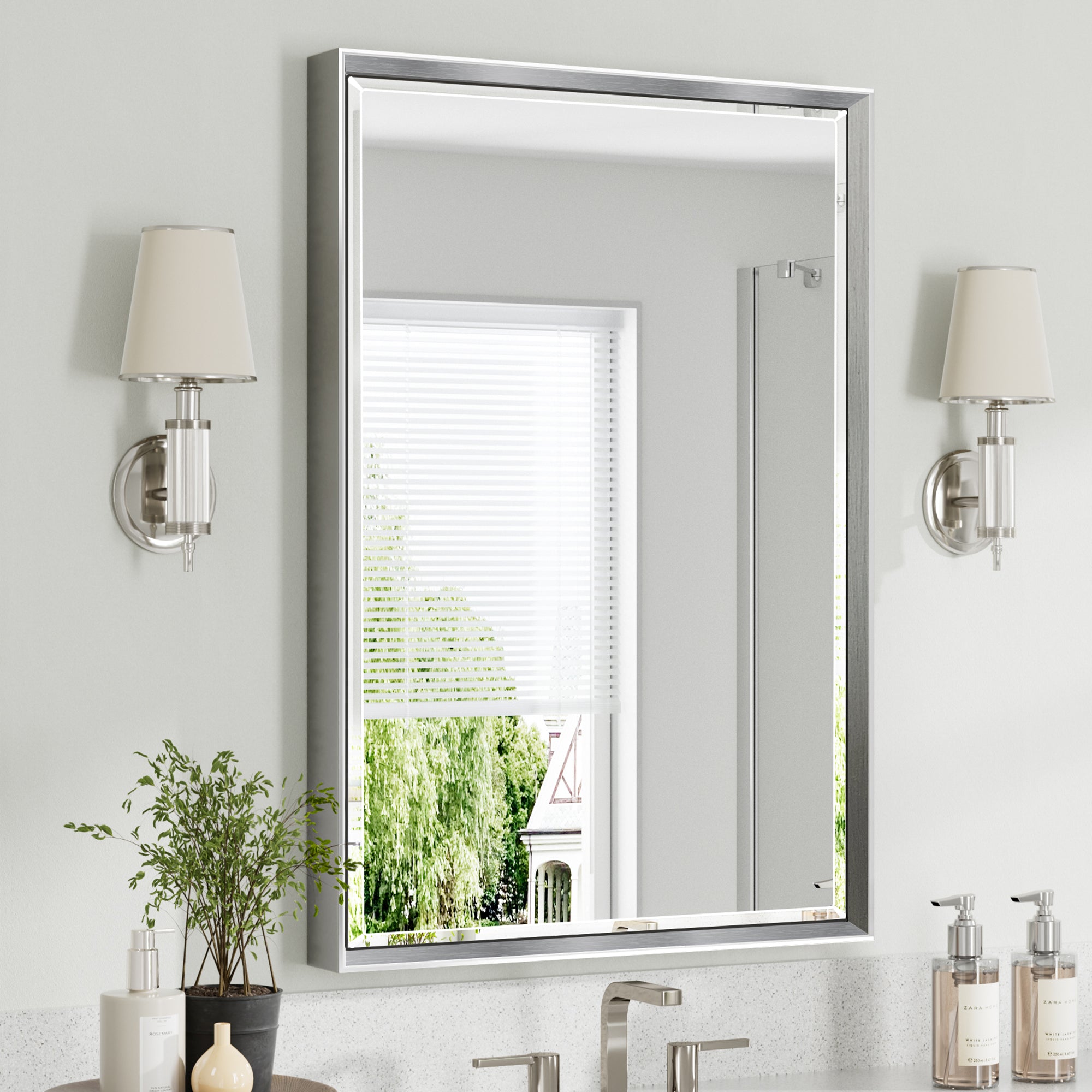 Lusso Beveled Rectangle Bathroom Mirror | 24" x 36" Large Metal Framed Wall Mirror for Double Vanity