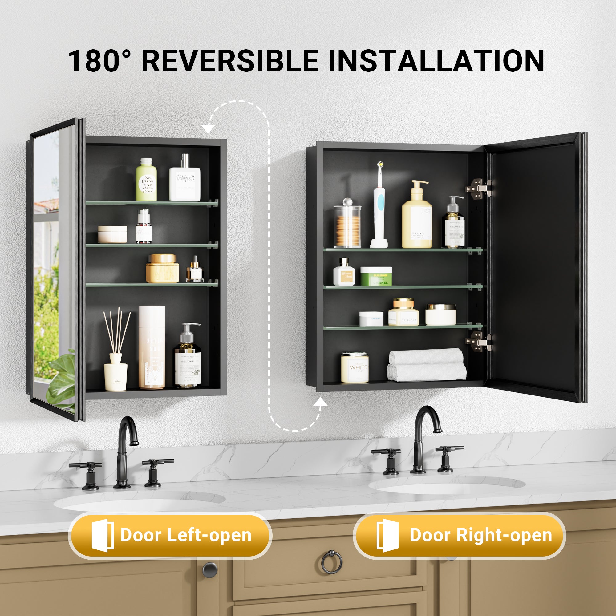 72x30'' Matte Black Framed Beveled Mirror Medicine Cabinet with Adjustable Glass Shelving