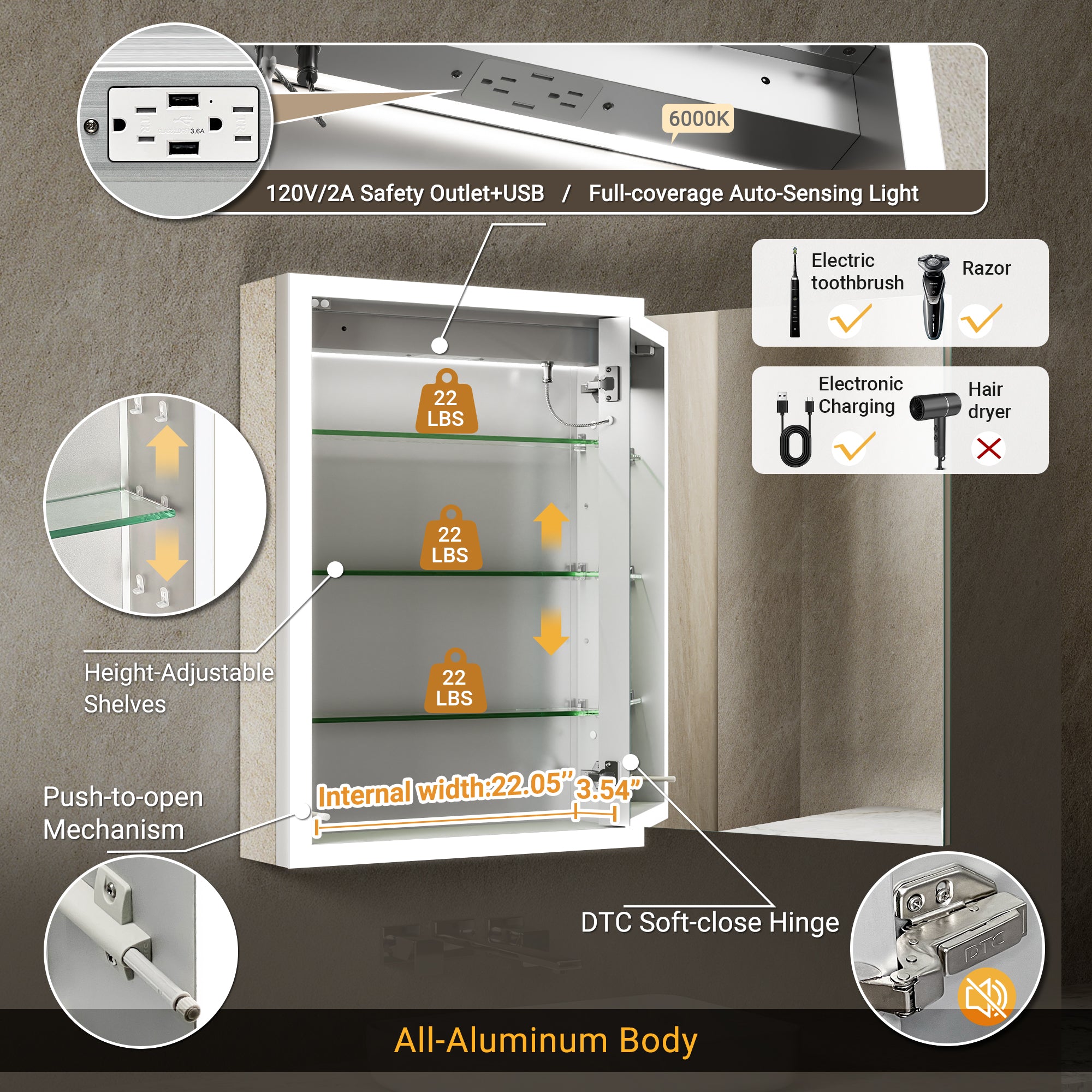 Apex 24x30'' Intelligent Anti-Fog LED Medicine Cabinet – Right Hinge