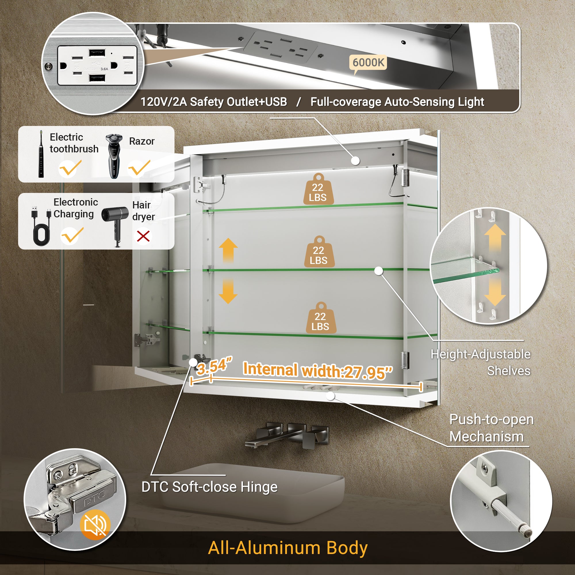 Apex 30x30'' Intelligent Anti-Fog LED Medicine Cabinet