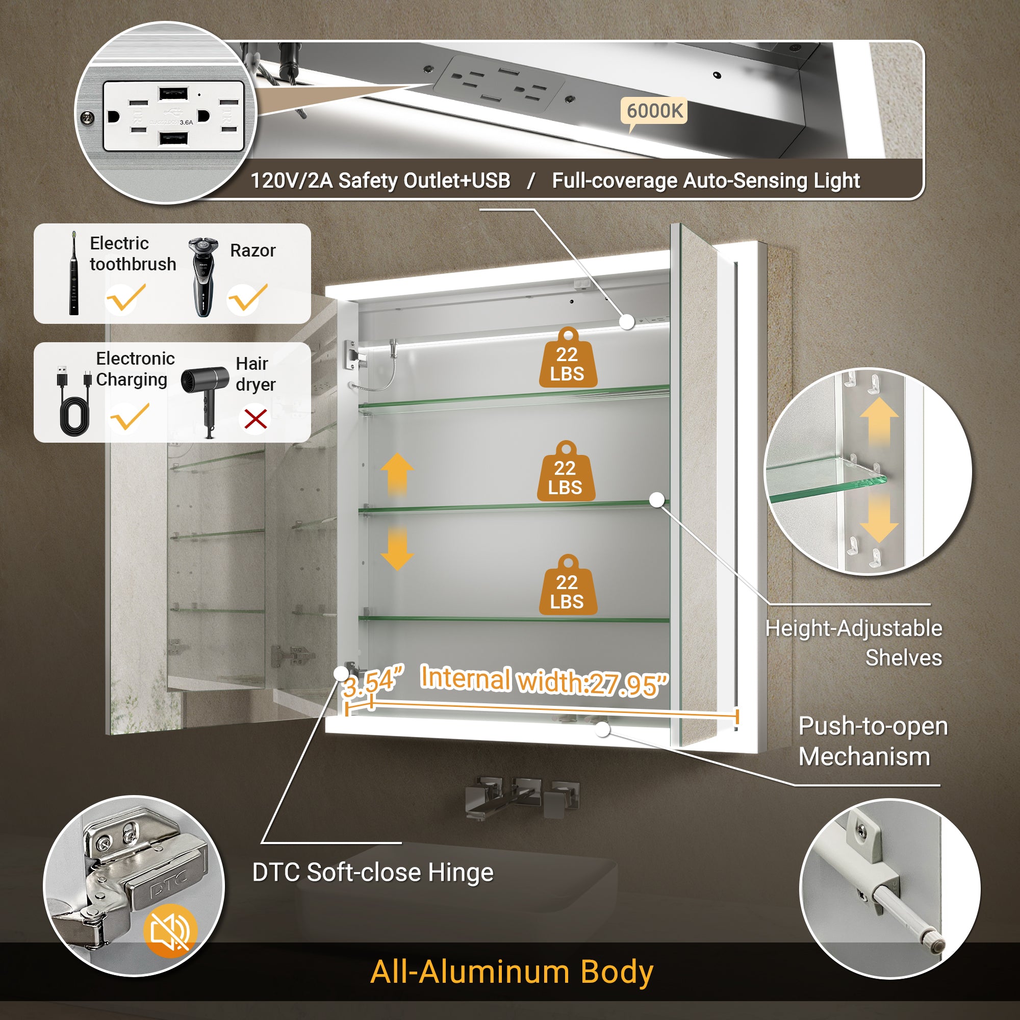 Apex 30x32'' Intelligent Anti-Fog LED Medicine Cabinet