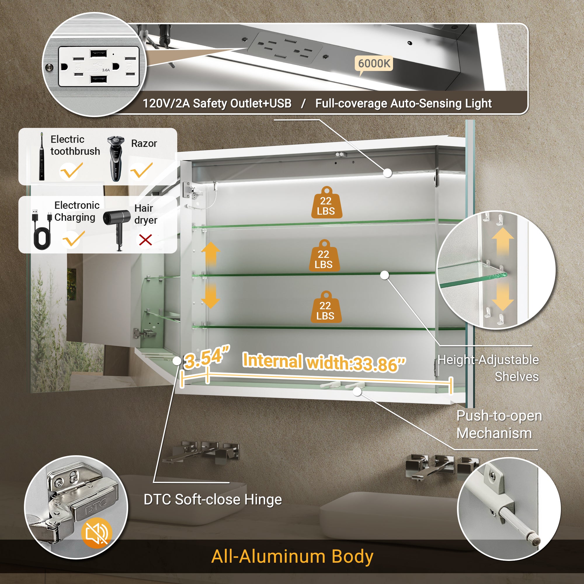 Apex 36x30'' Intelligent Anti-Fog LED Medicine Cabinet