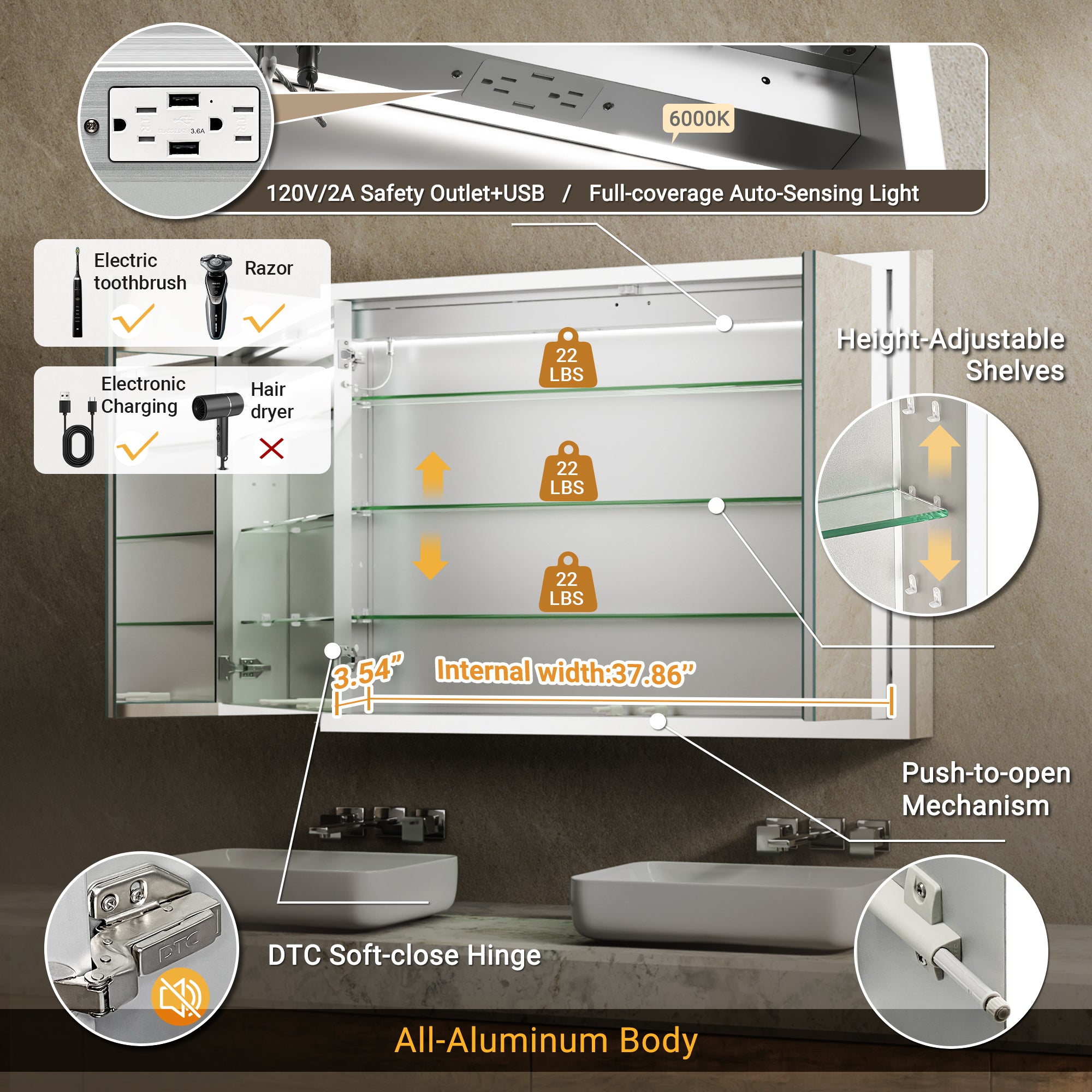 Apex 40x30'' Intelligent Anti-Fog LED Medicine Cabinet