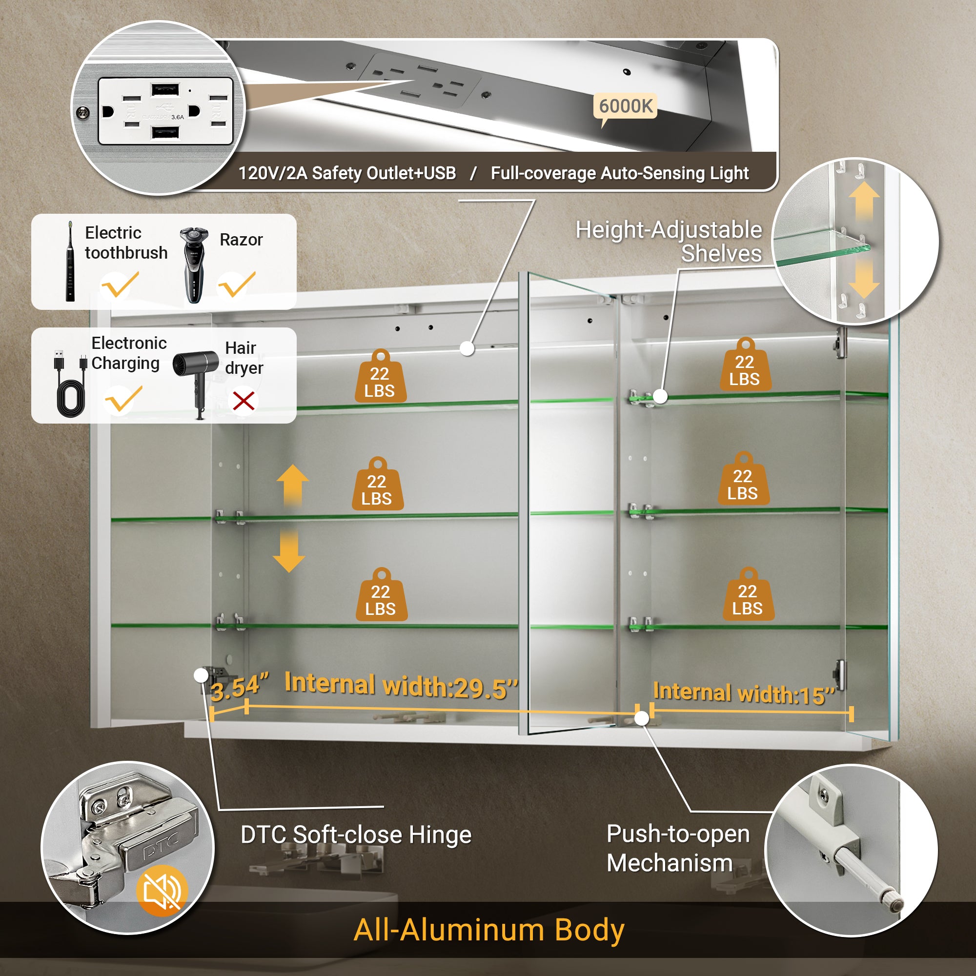Apex 48x30'' Intelligent Anti-Fog LED Medicine Cabinet