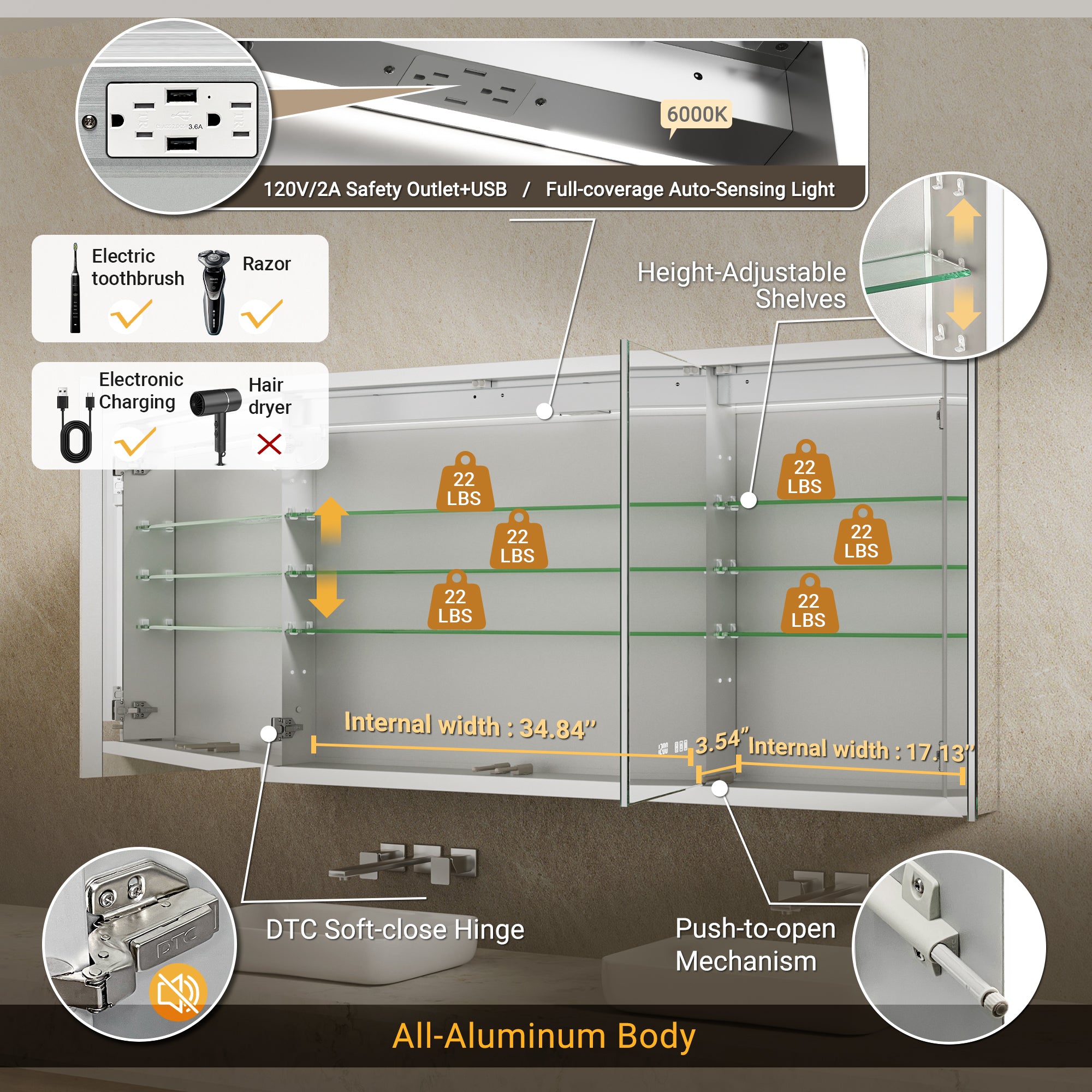 Apex 54x30'' Intelligent Anti-Fog LED Medicine Cabinet