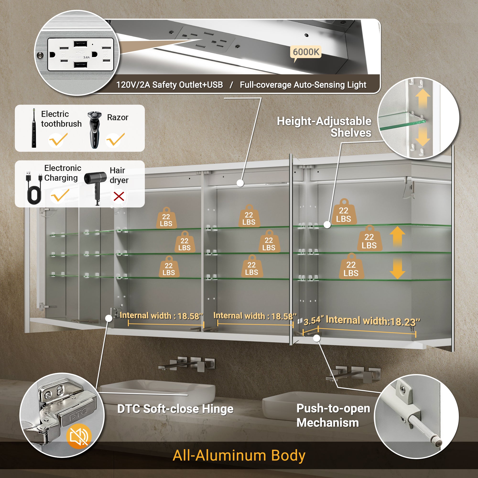 Apex 60x30'' Intelligent Anti-Fog LED Medicine Cabinet