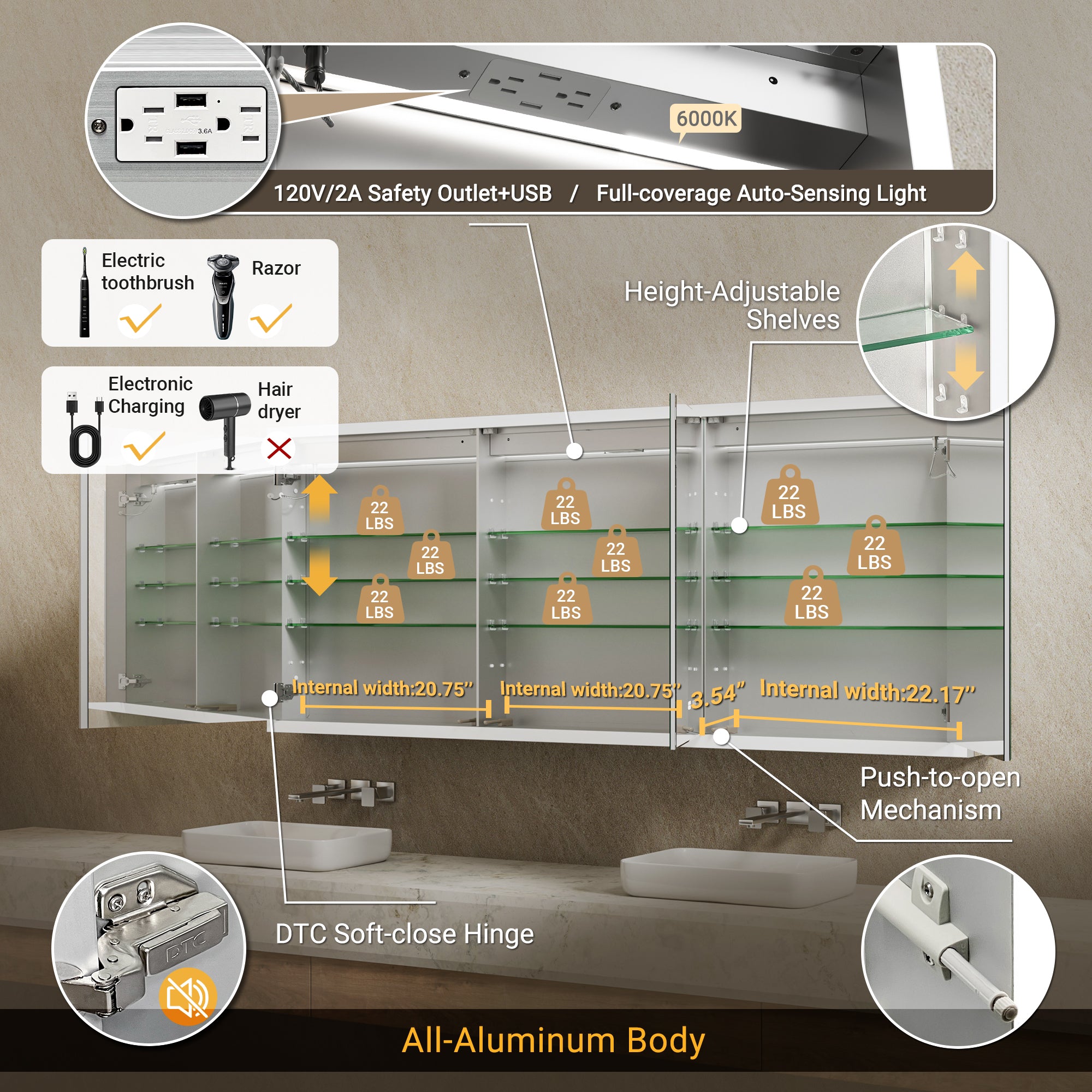 Apex 72x30'' Intelligent Anti-Fog LED Medicine Cabinet