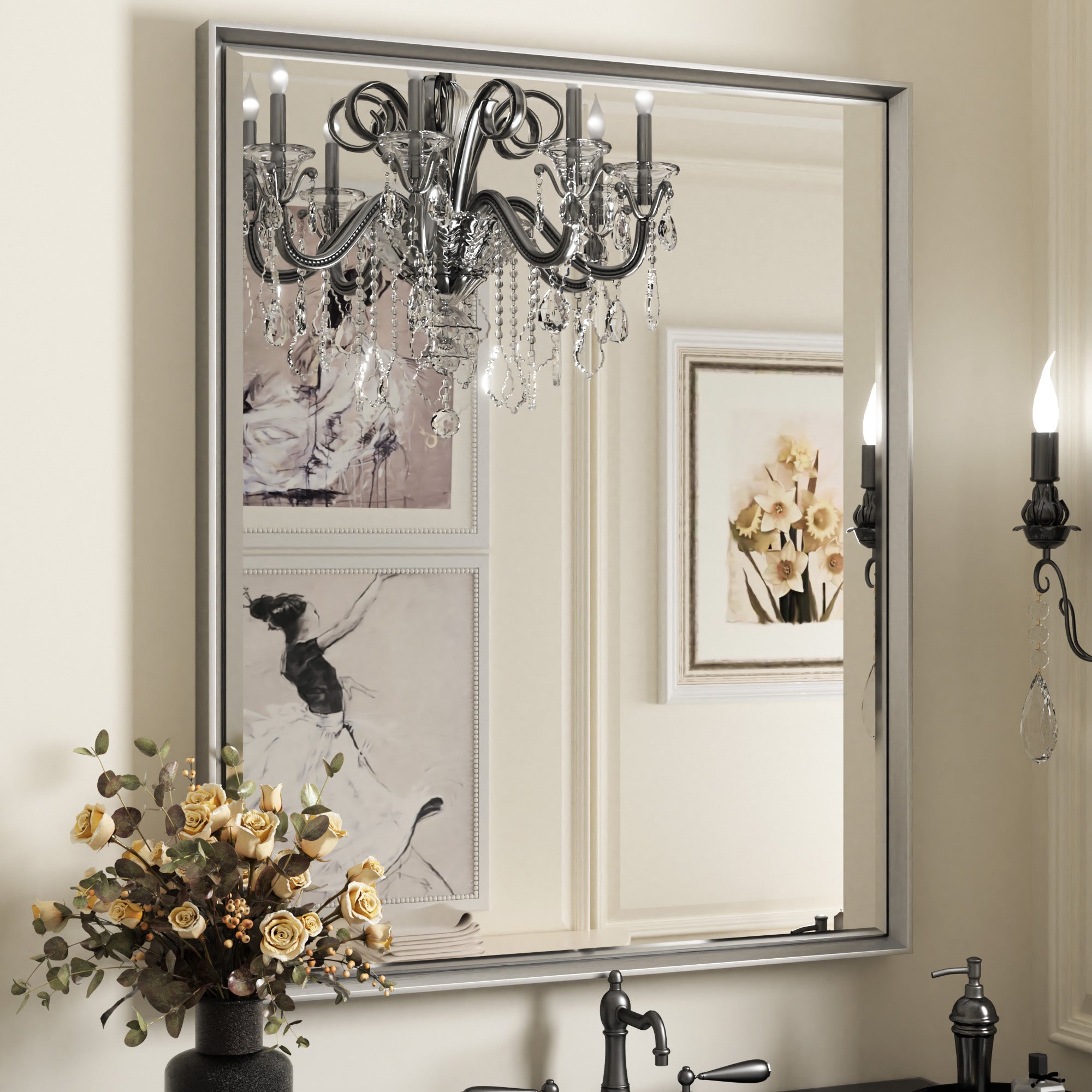 Lusso Beveled Rectangle Bathroom Mirror | 30" x 36" Large Metal Framed Wall Mirror for Double Vanity