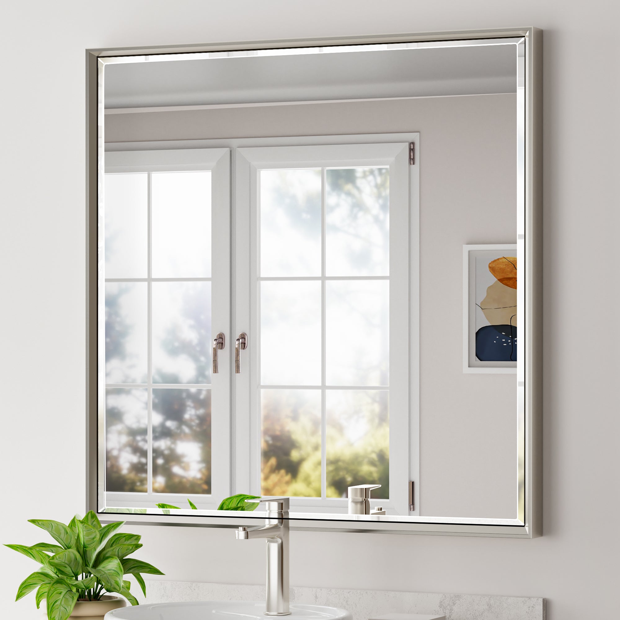 Lusso Beveled Rectangle Bathroom Mirror | 36" x 36" Large Metal Framed Wall Mirror for Double Vanity