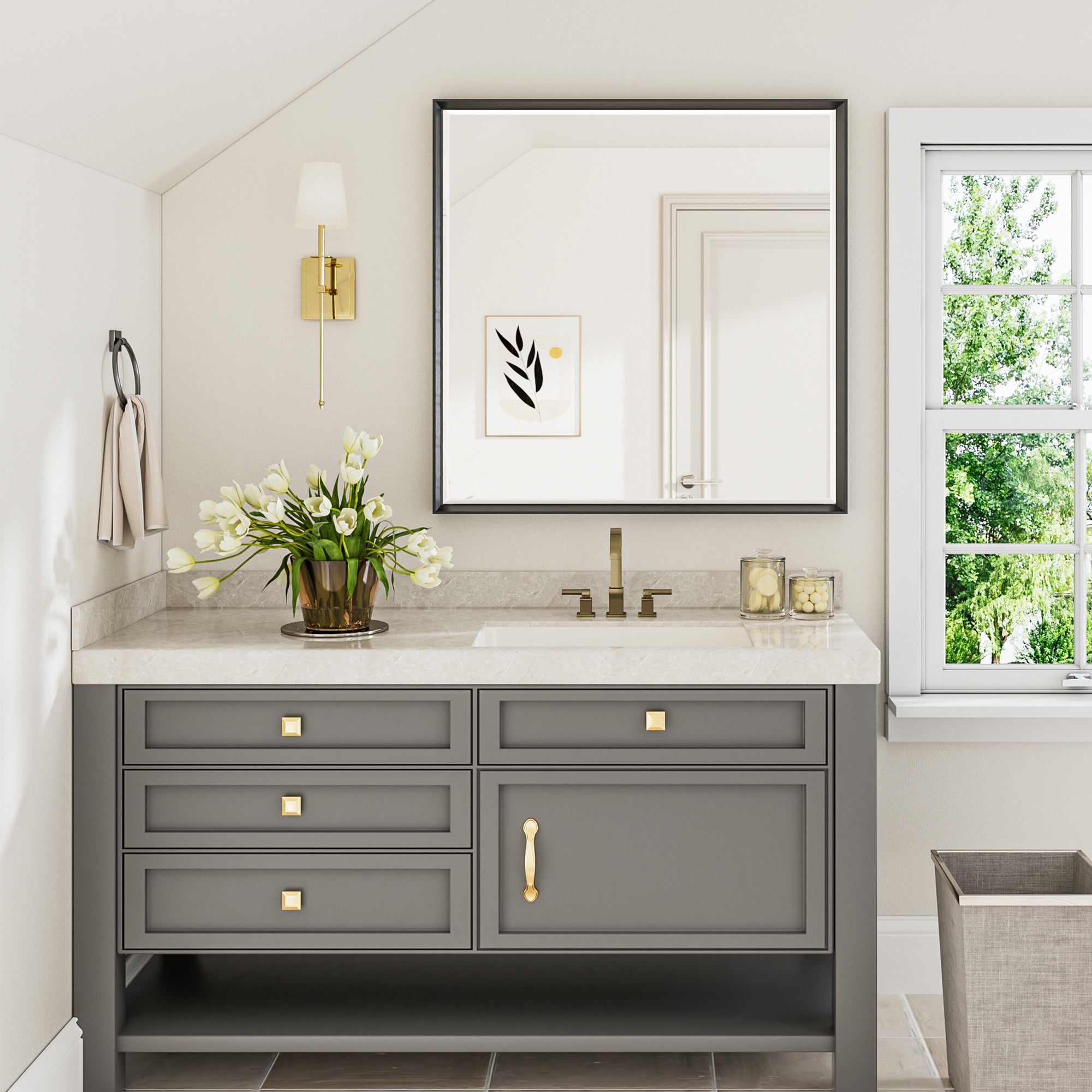 Lusso Beveled Rectangle Bathroom Mirror | 36" x 36" Large Metal Framed Wall Mirror for Double Vanity