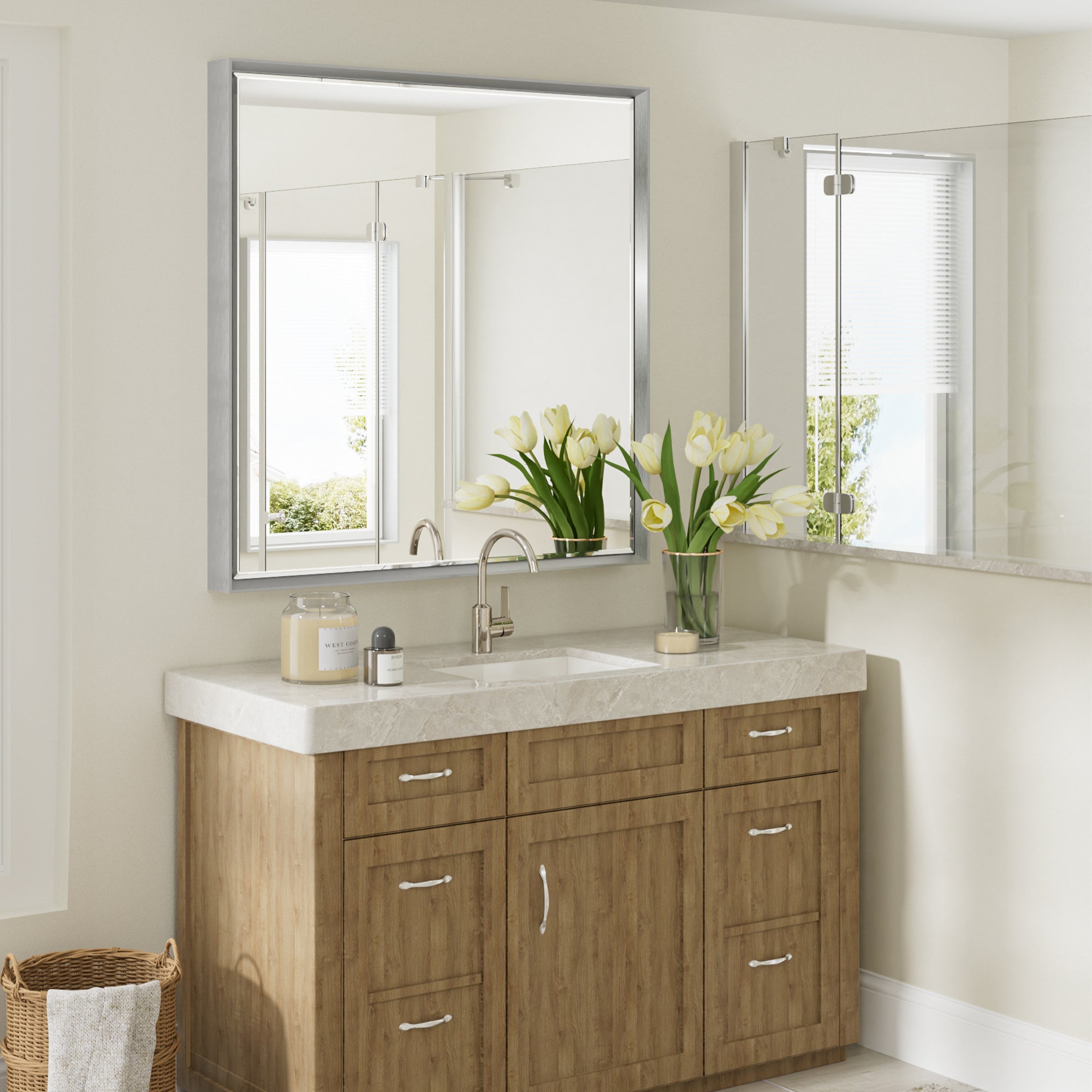 Lusso Beveled Rectangle Bathroom Mirror | 36" x 36" Large Metal Framed Wall Mirror for Double Vanity
