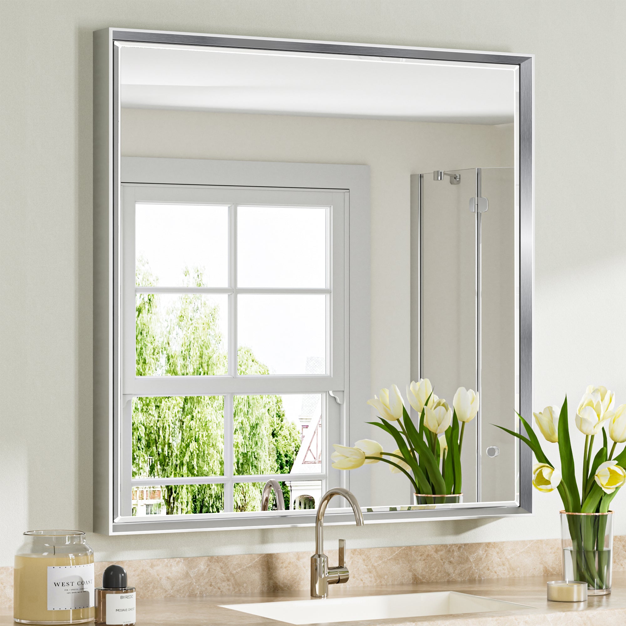 Lusso Beveled Rectangle Bathroom Mirror | 36" x 36" Large Metal Framed Wall Mirror for Double Vanity