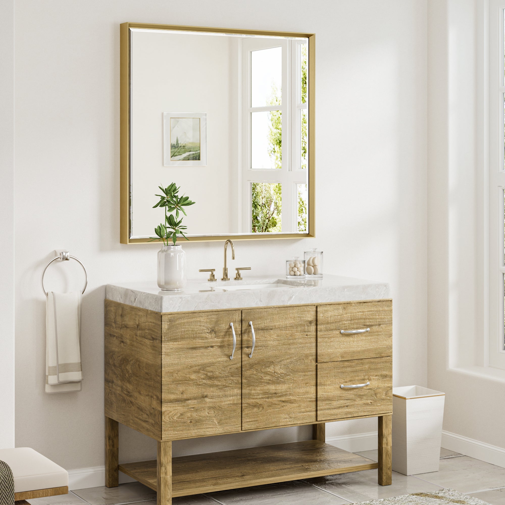 Lusso Beveled Rectangle Bathroom Mirror | 36" x 36" Large Metal Framed Wall Mirror for Double Vanity