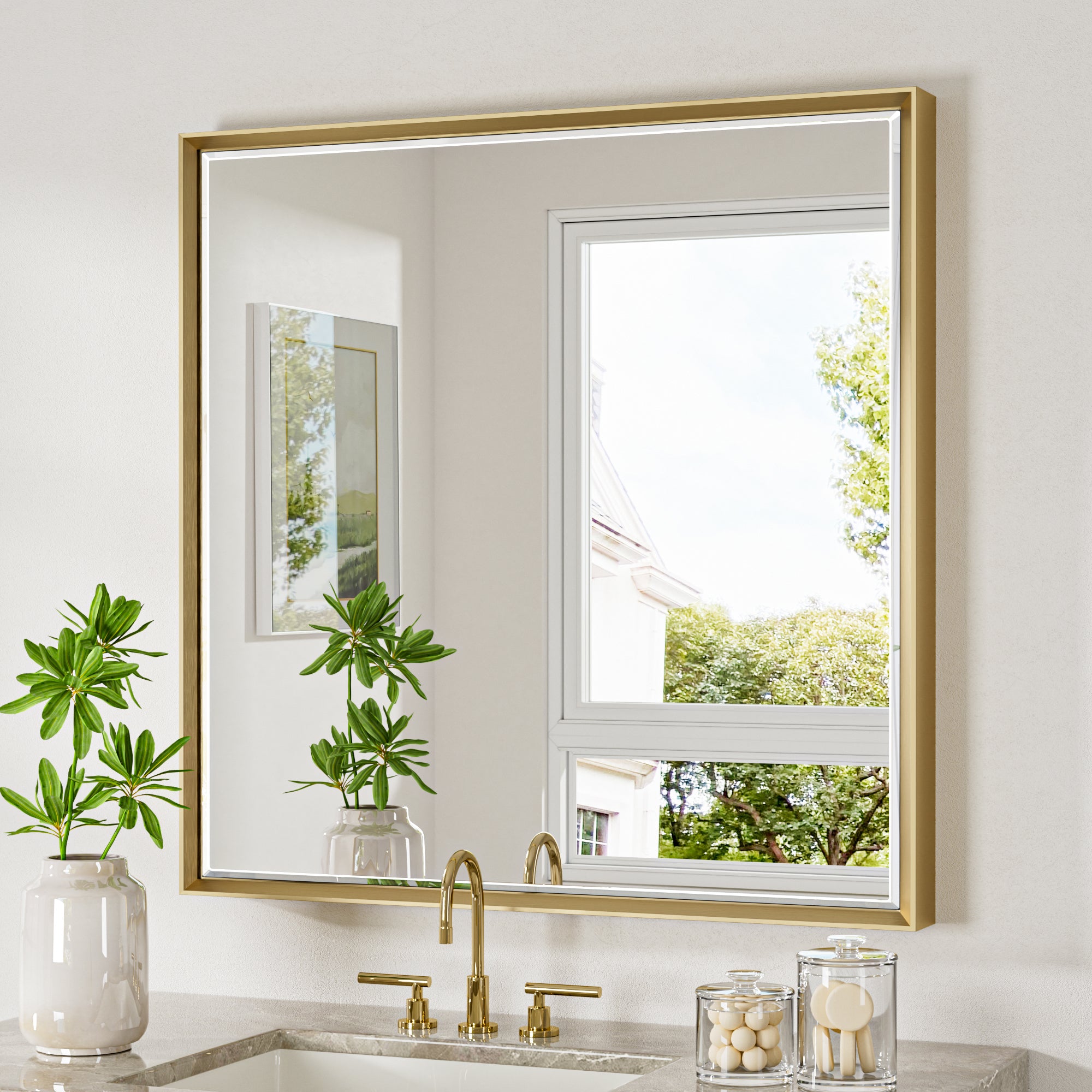Lusso Beveled Rectangle Bathroom Mirror | 36" x 36" Large Metal Framed Wall Mirror for Double Vanity