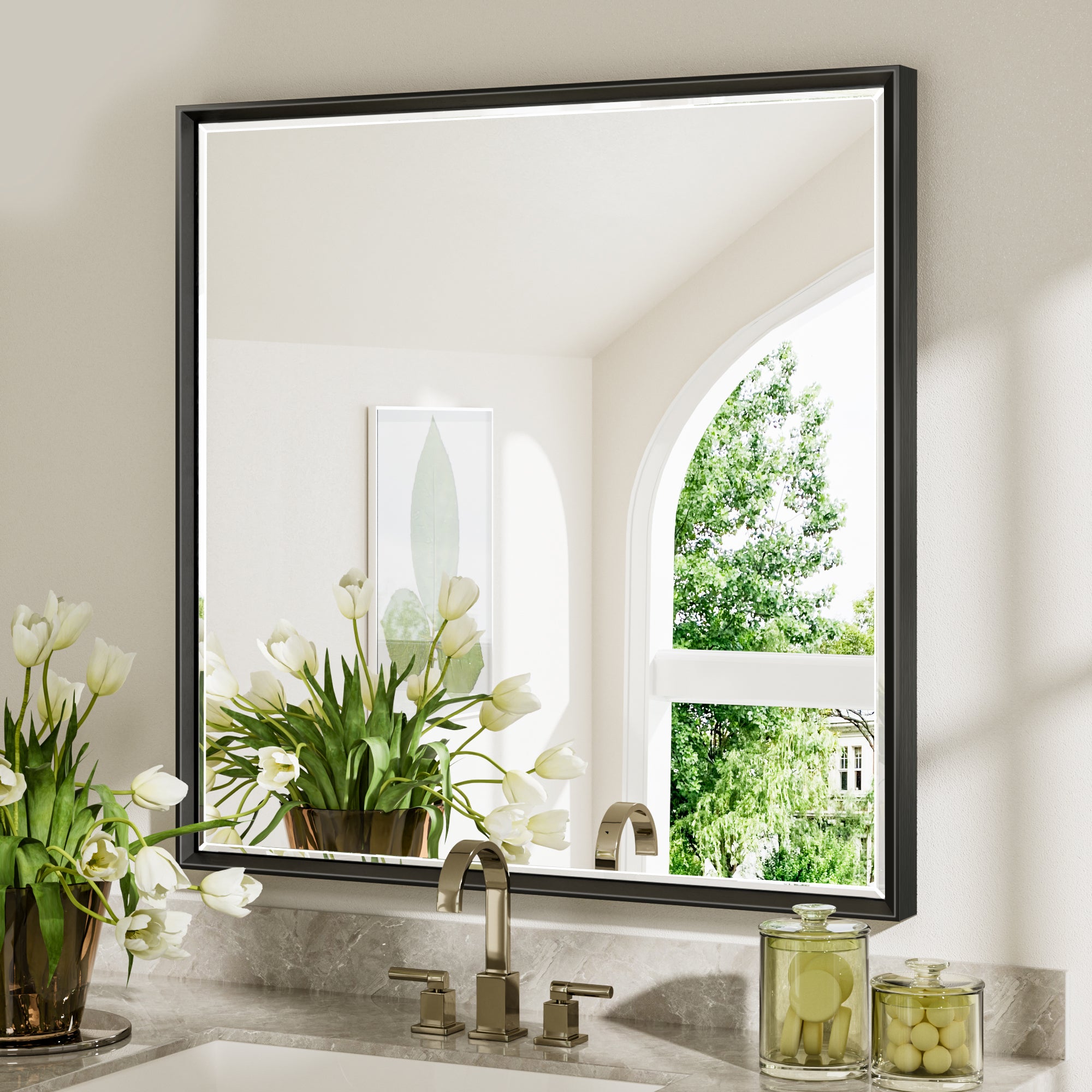 Lusso Beveled Rectangle Bathroom Mirror | 36" x 36" Large Metal Framed Wall Mirror for Double Vanity