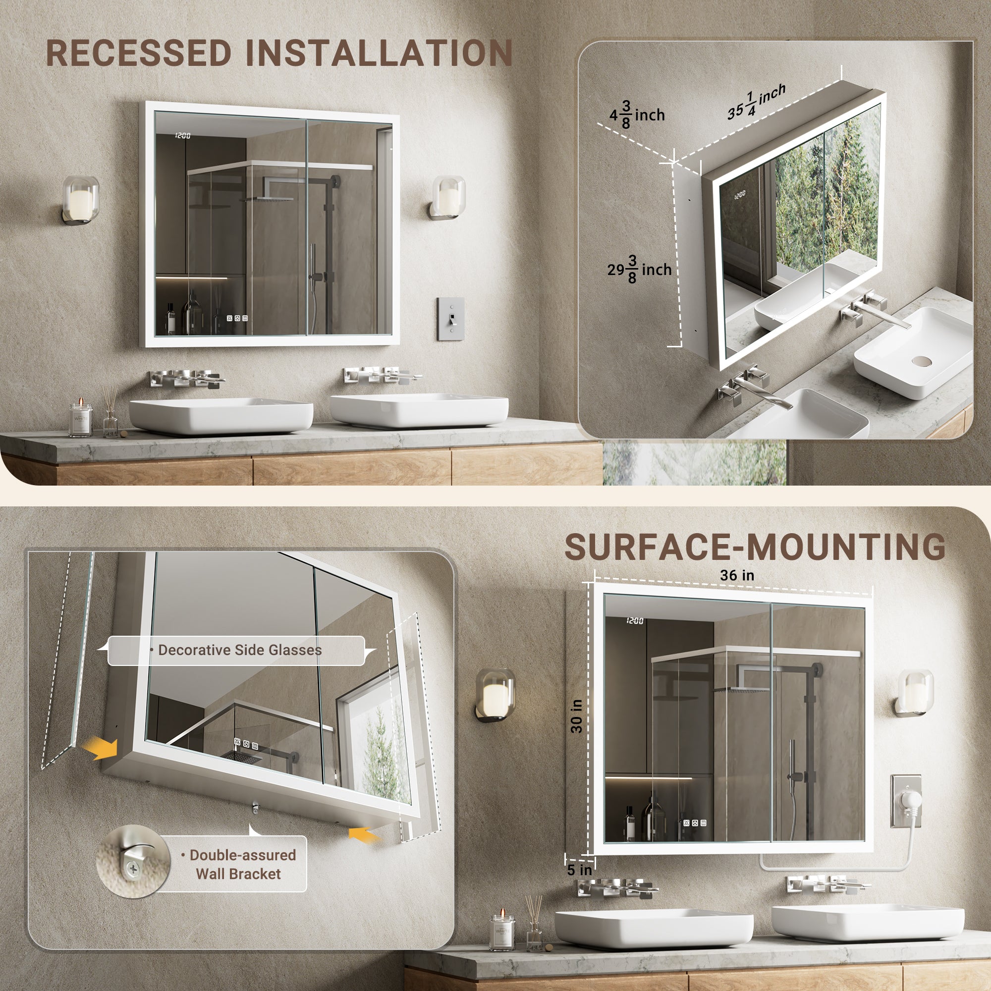 Apex 36x30'' Intelligent Anti-Fog LED Medicine Cabinet