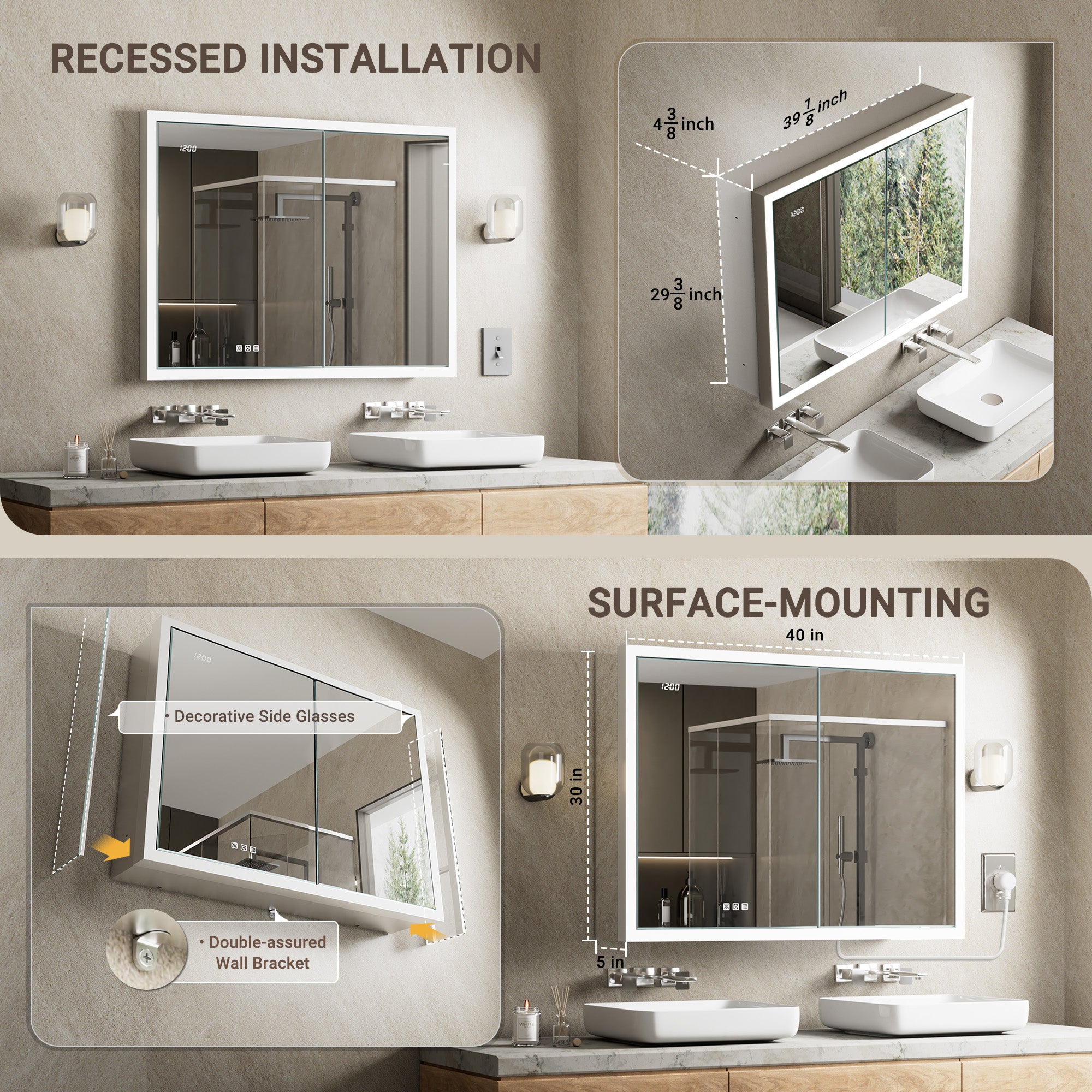 Apex 40x30'' Intelligent Anti-Fog LED Medicine Cabinet