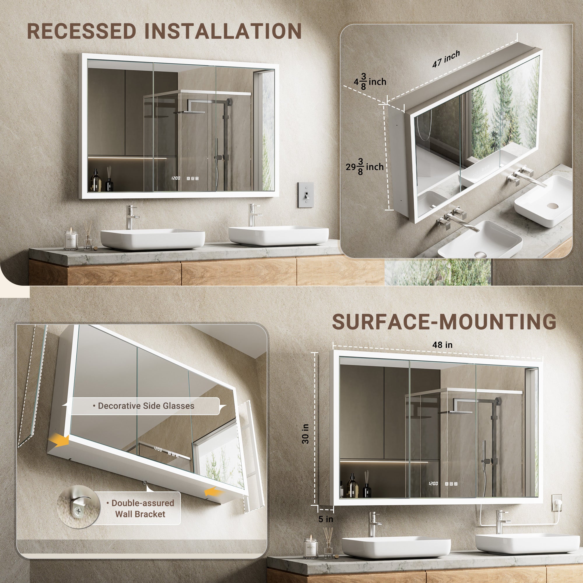 Apex 48x30'' Intelligent Anti-Fog LED Medicine Cabinet