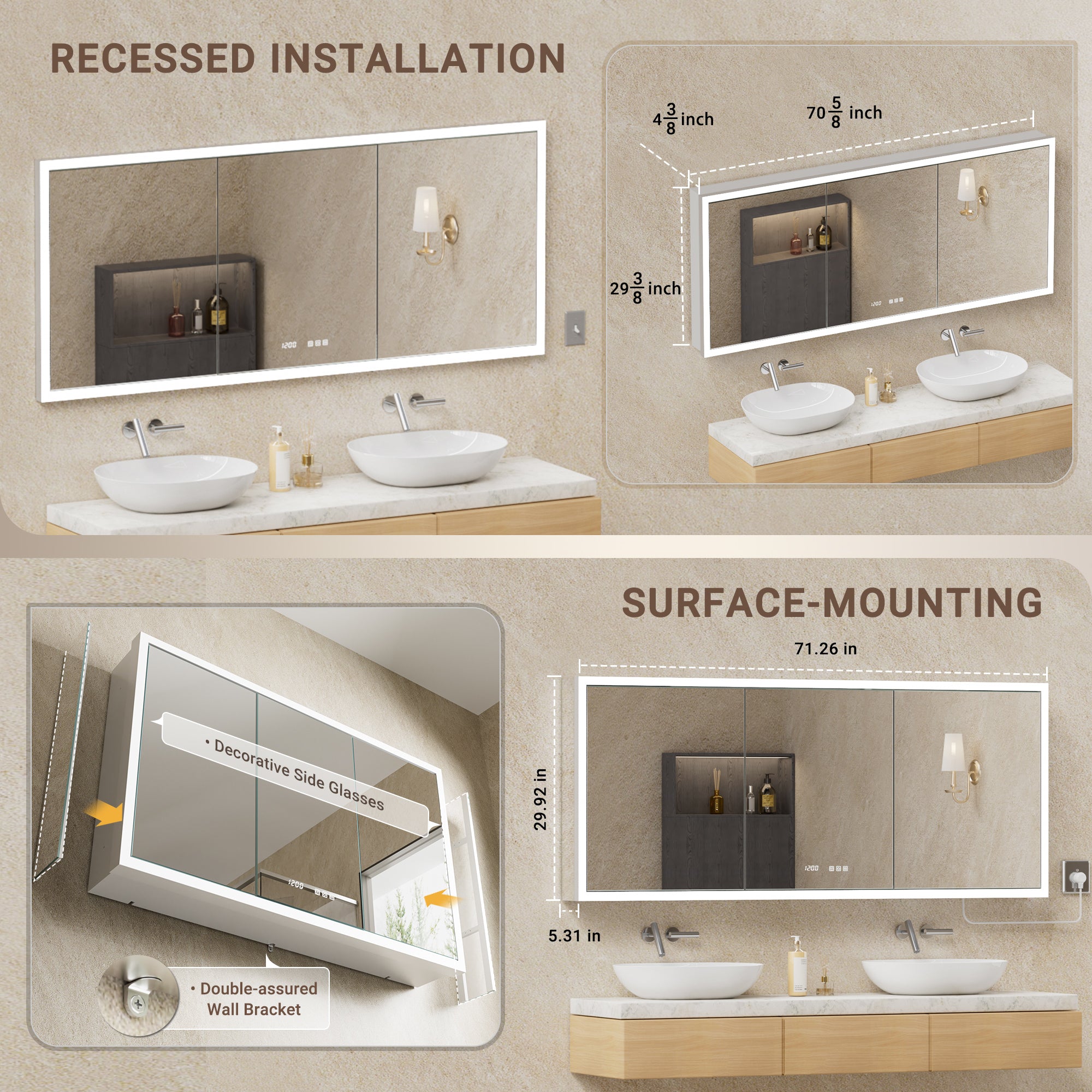 Apex 72x30'' Intelligent Anti-Fog LED Medicine Cabinet