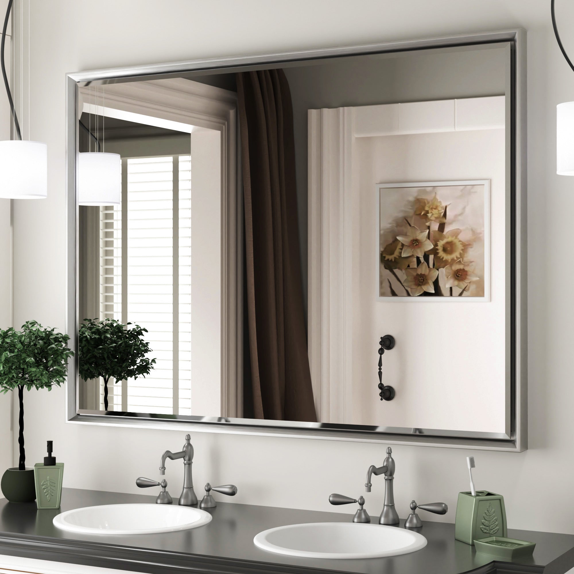 Lusso Beveled Rectangle Bathroom Mirror | 40" x 30" Large Metal Framed Wall Mirror for Double Vanity