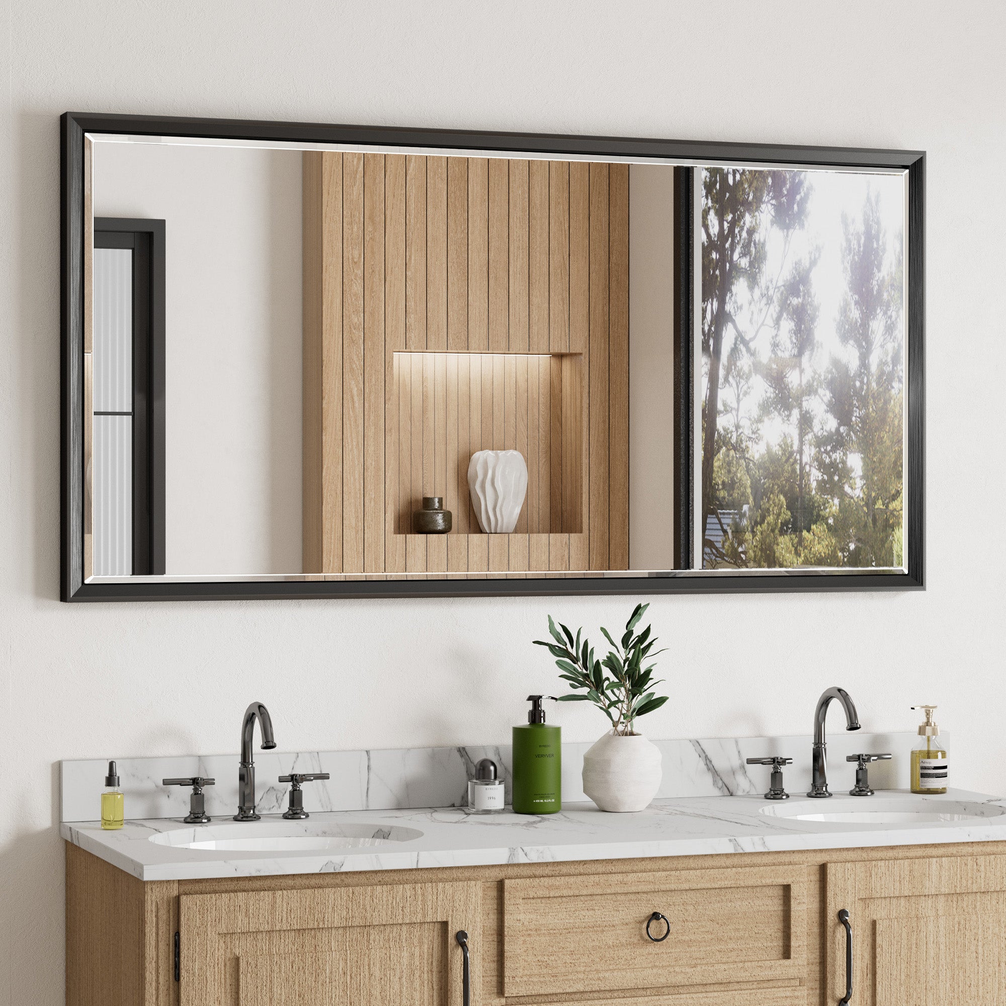 Lusso Beveled Rectangle Bathroom Mirror | 48" x 24" Large Metal Framed Wall Mirror for Double Vanity